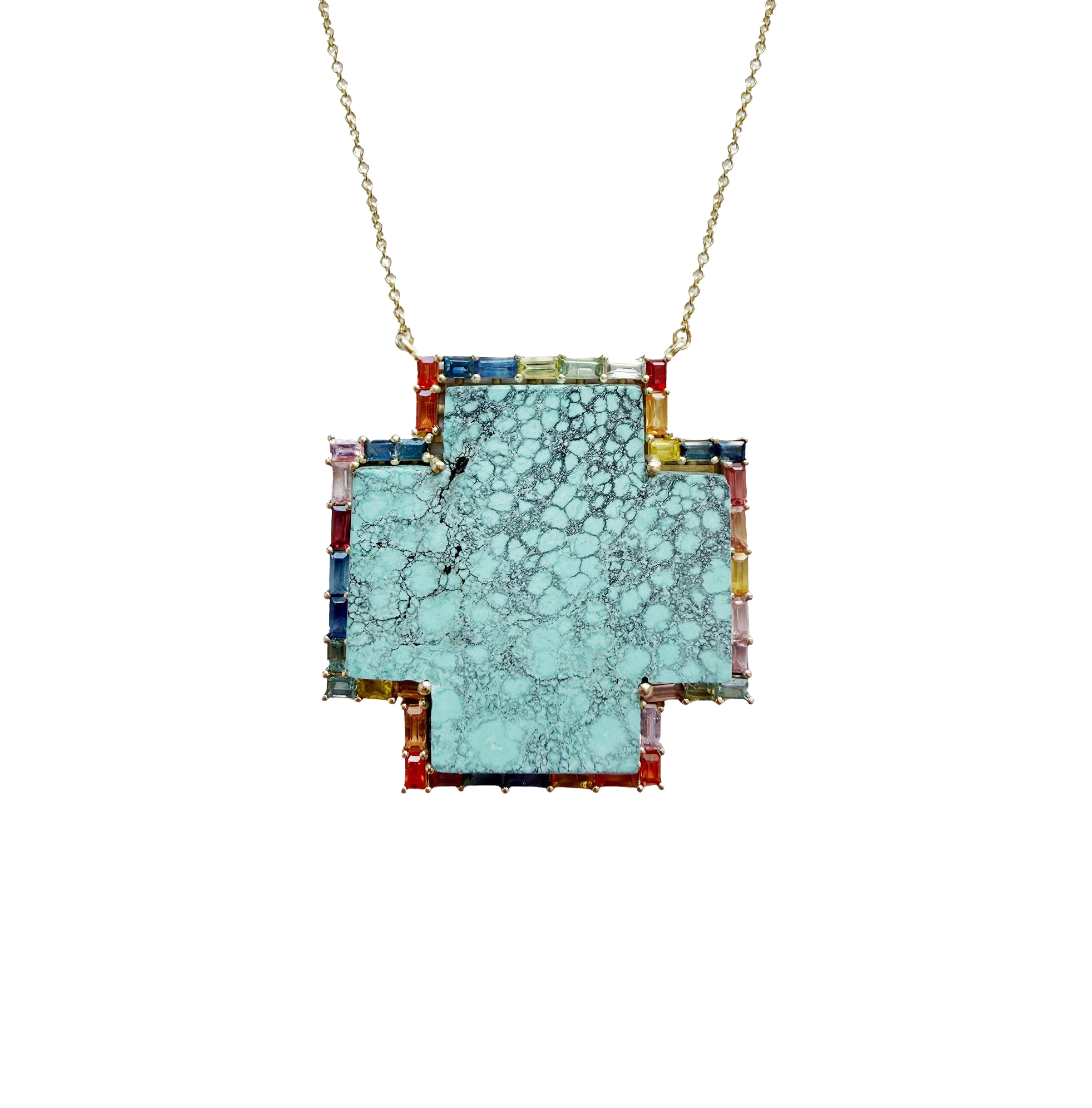 14k Rainbow Baguette Turquoise Necklace by S. Carter Designs