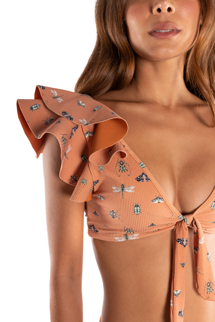 Akumal Ruffled Bikini Top in a Bugs Print by Sanlier