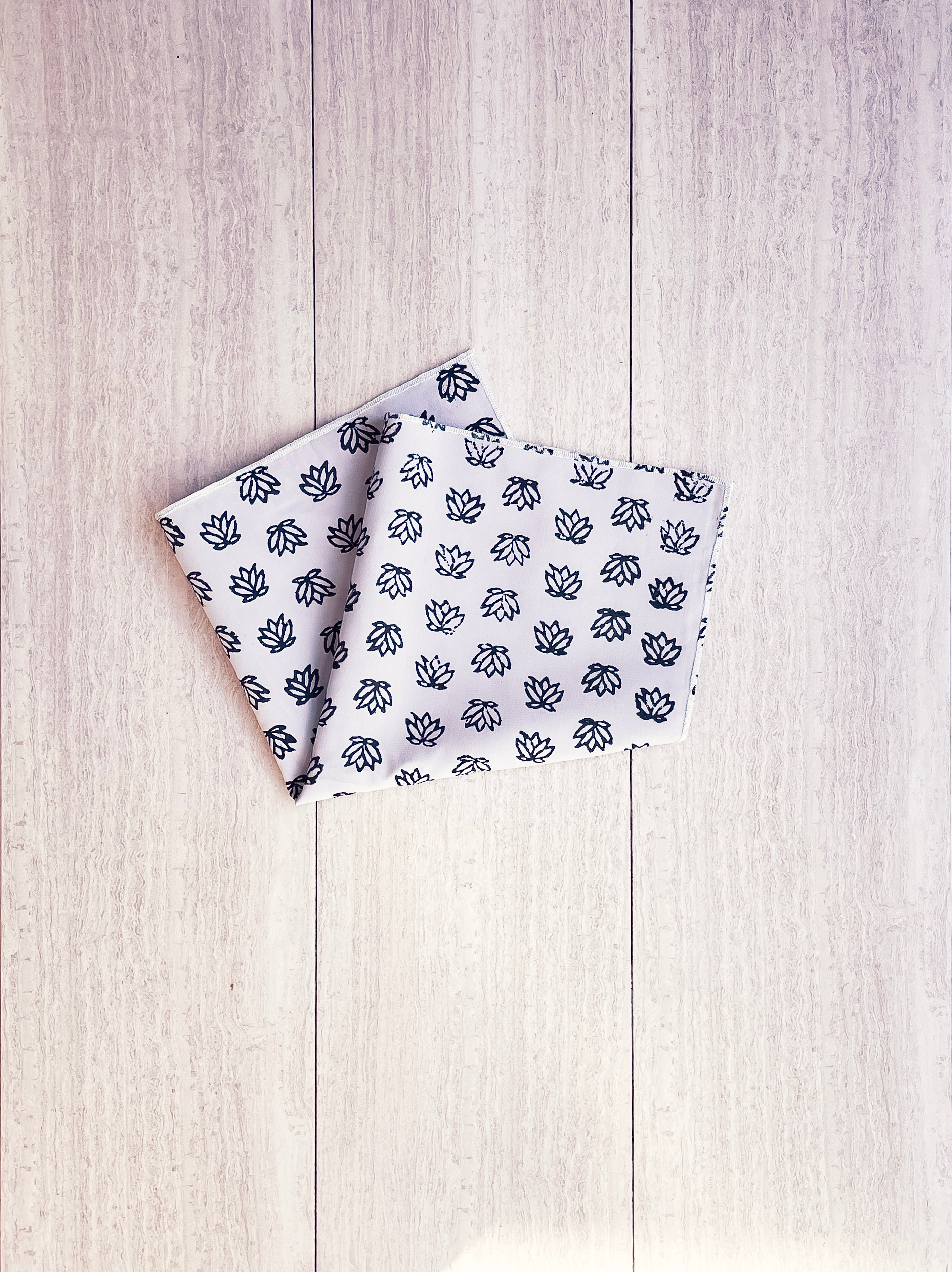 Pocket Square - Gray Cotton with Baby Lotus, Black by Mended