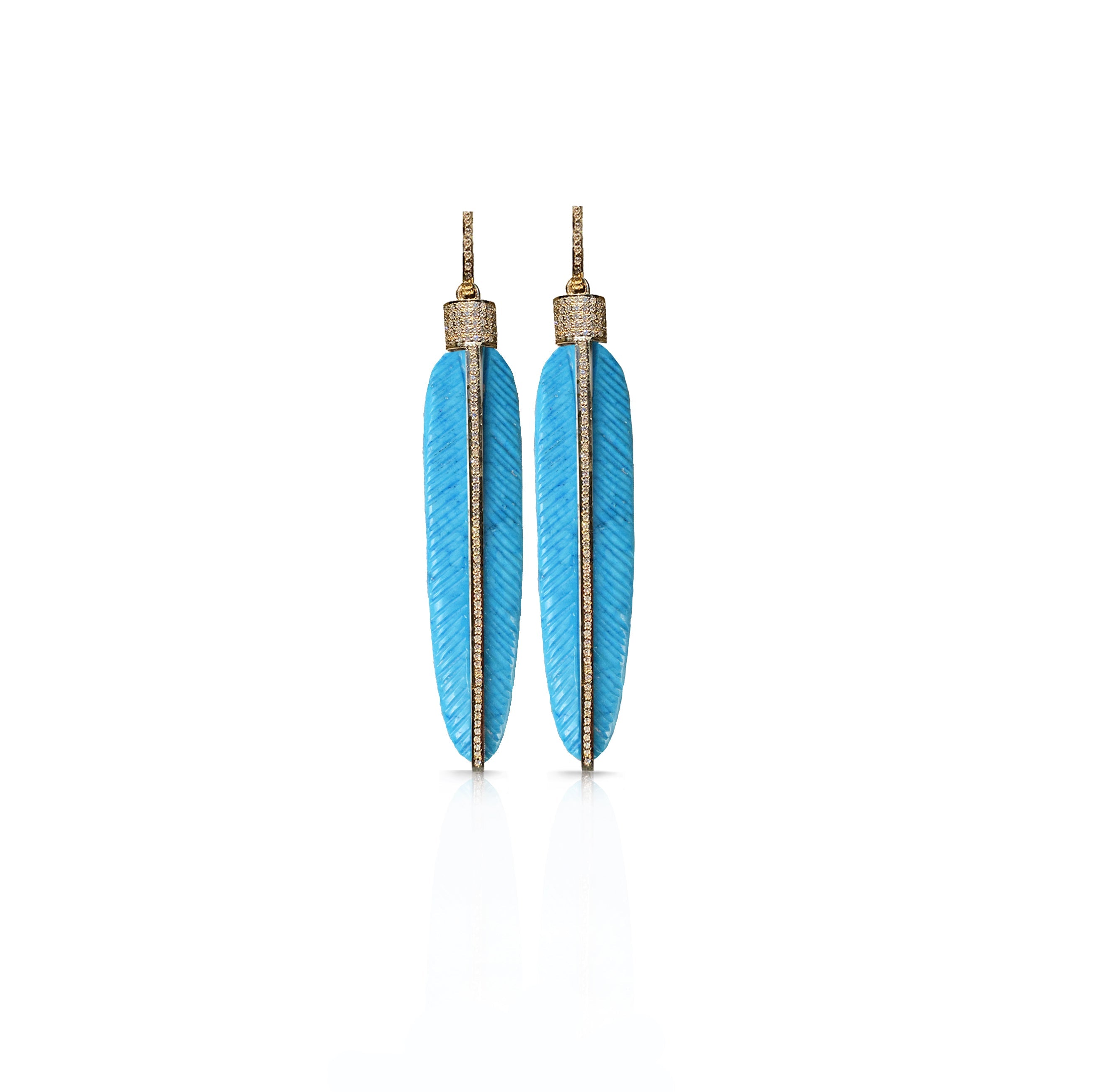 14k Carved Turquoise Feather Earrings by S. Carter Designs