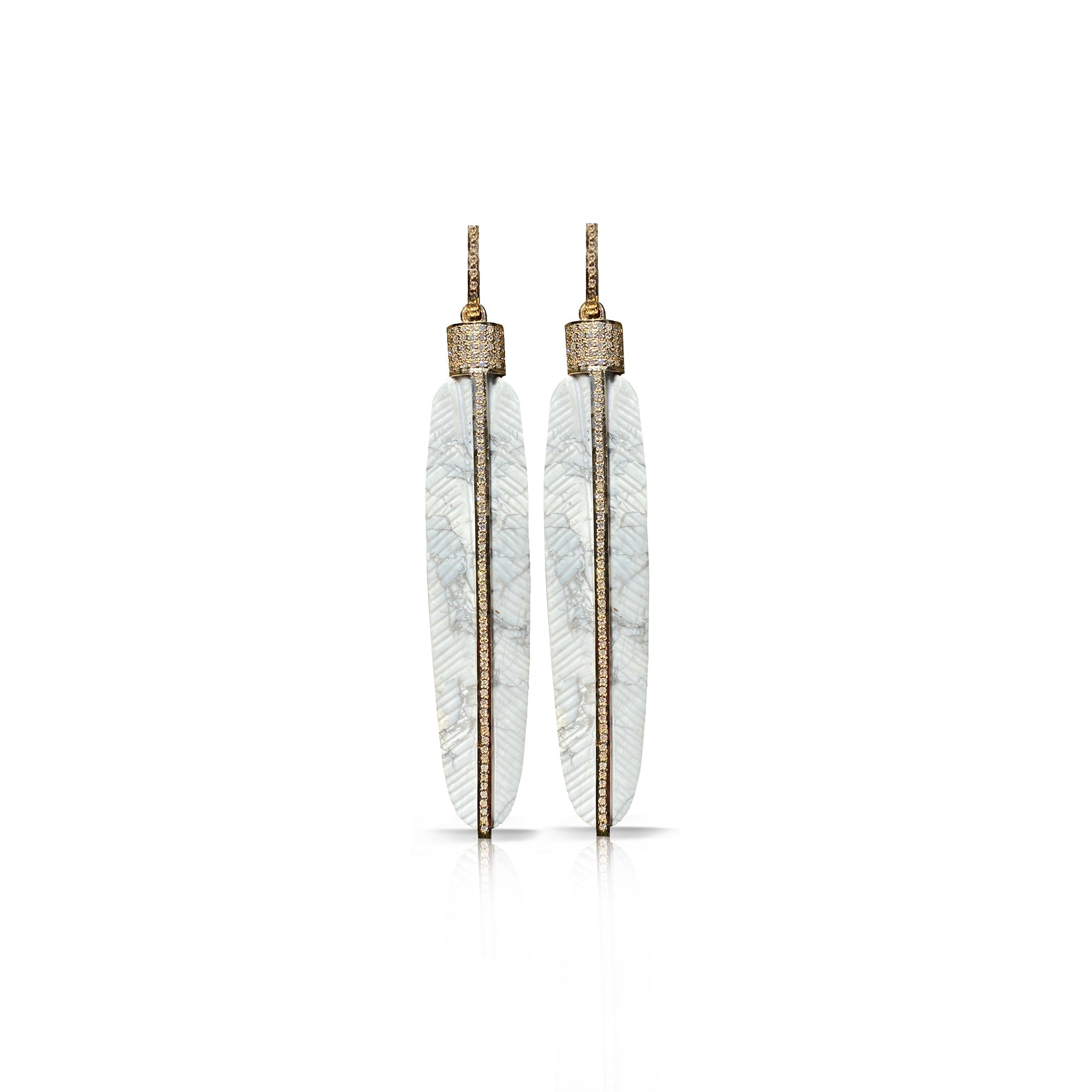14k Carved Howlite Feather Earrings by S. Carter Designs
