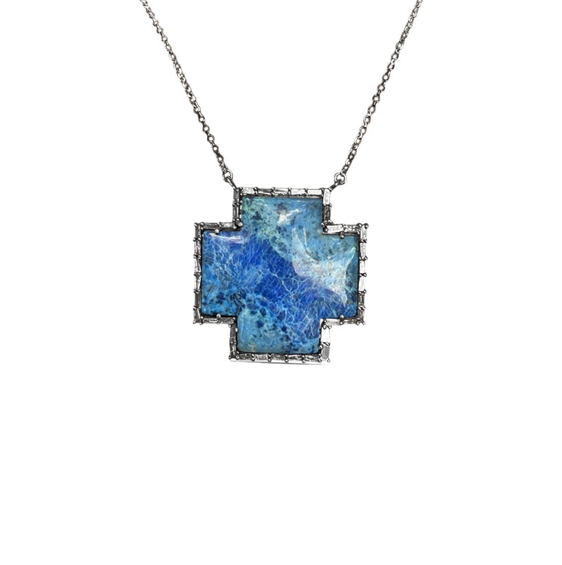 Silver Baguette Diamond Denim Lapis Cross Necklace by S. Carter Designs
