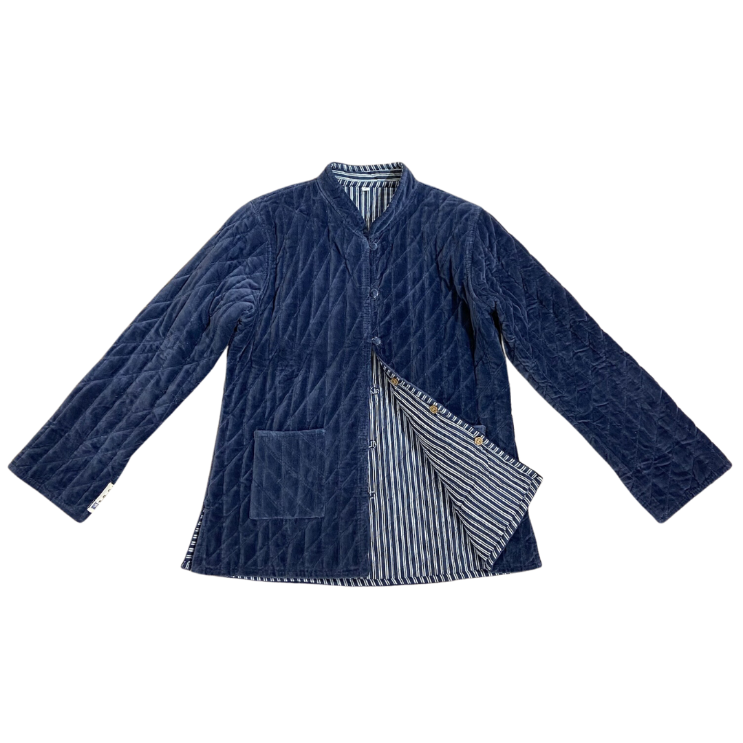 The Navy Isabella Quilted Velvet Button-Front Jacket by Blue Door London