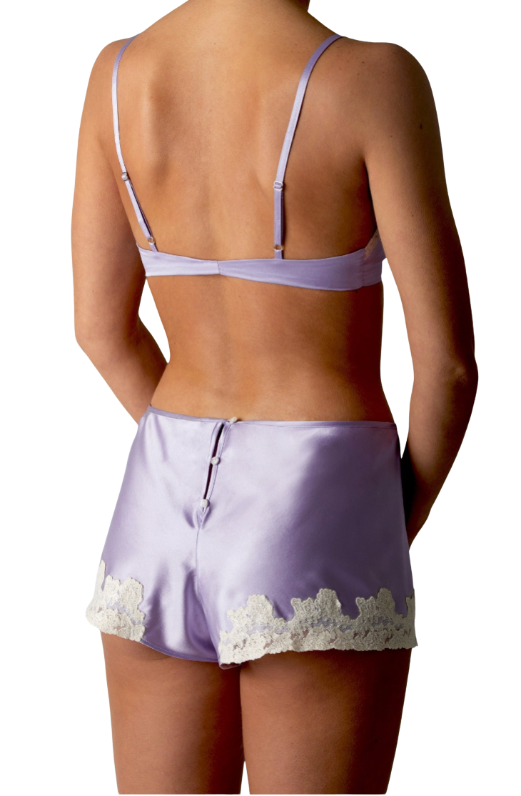 Lavender Lace Silk Shorts by Miguelina