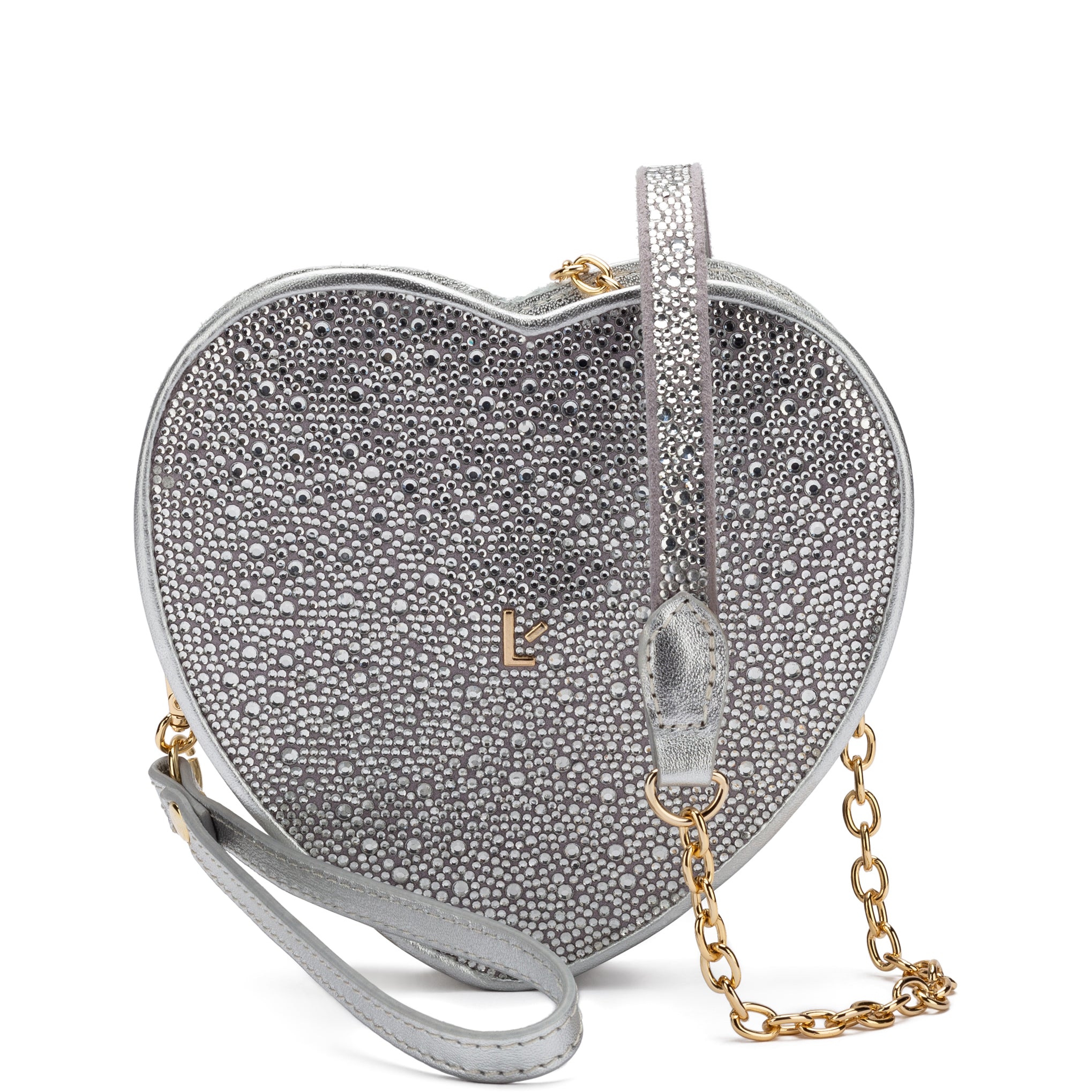 Heartbreaker Crossbody Bag In Crystal and Light Gray Vegan Suede by Larroudé