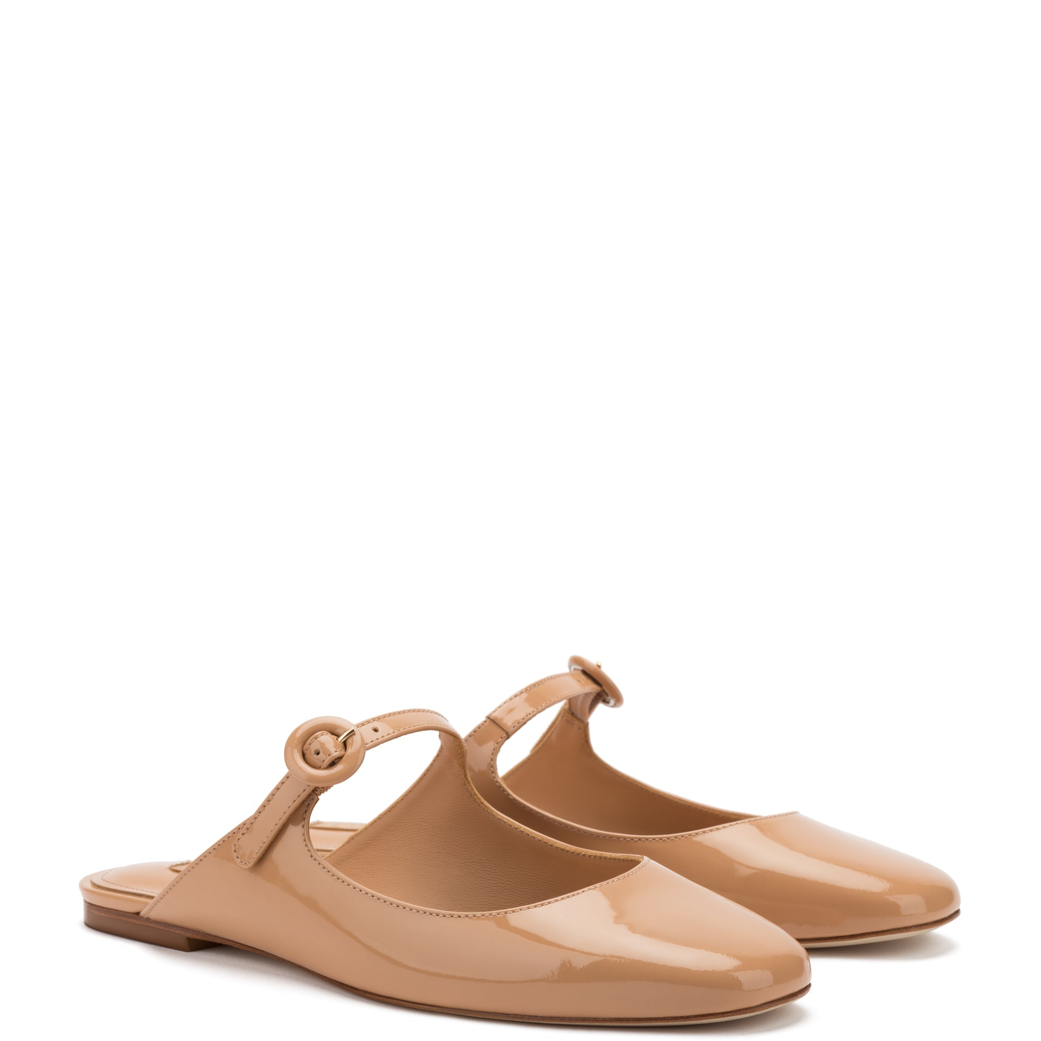 Blair Flat Mule In Tan Patent Leather by Larroudé