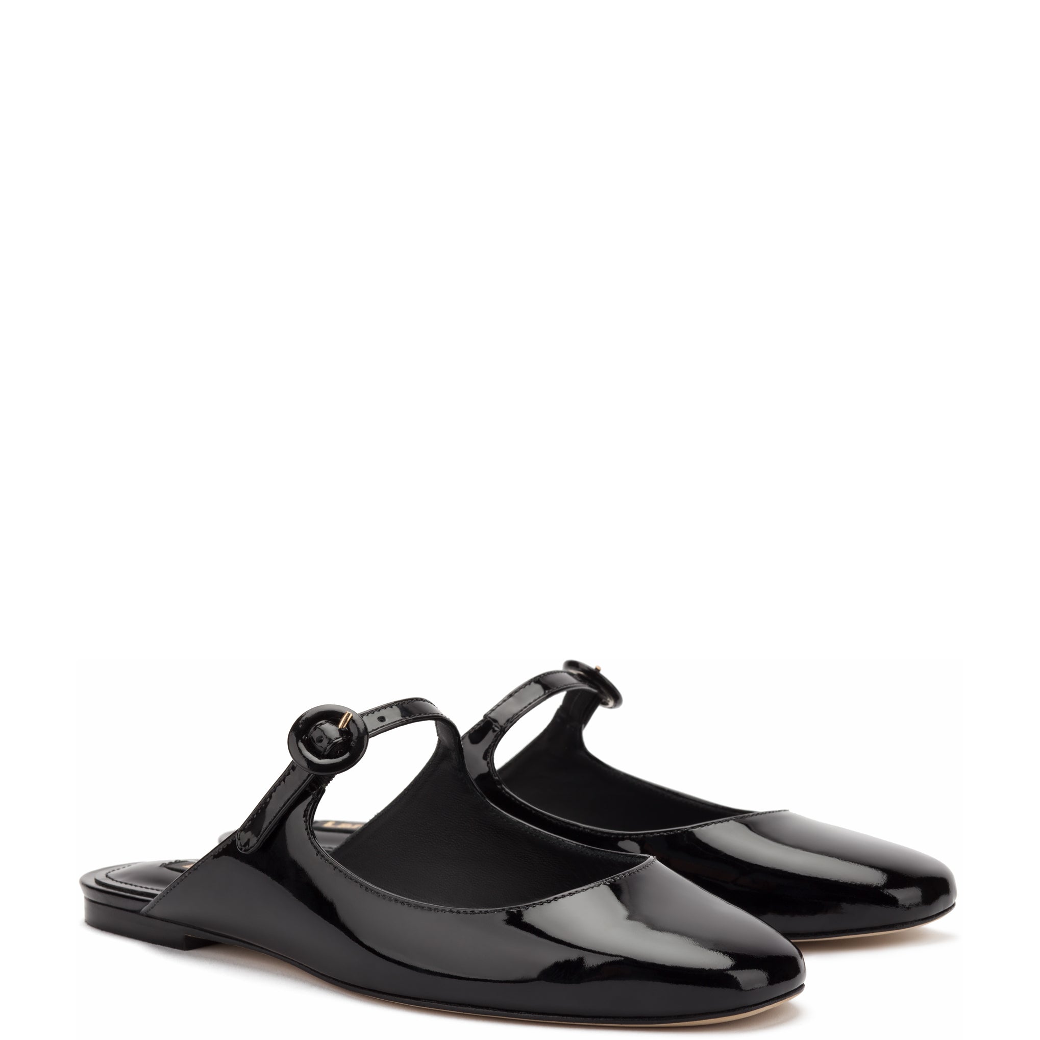 Blair Flat Mule In Black Patent Leather by Larroudé