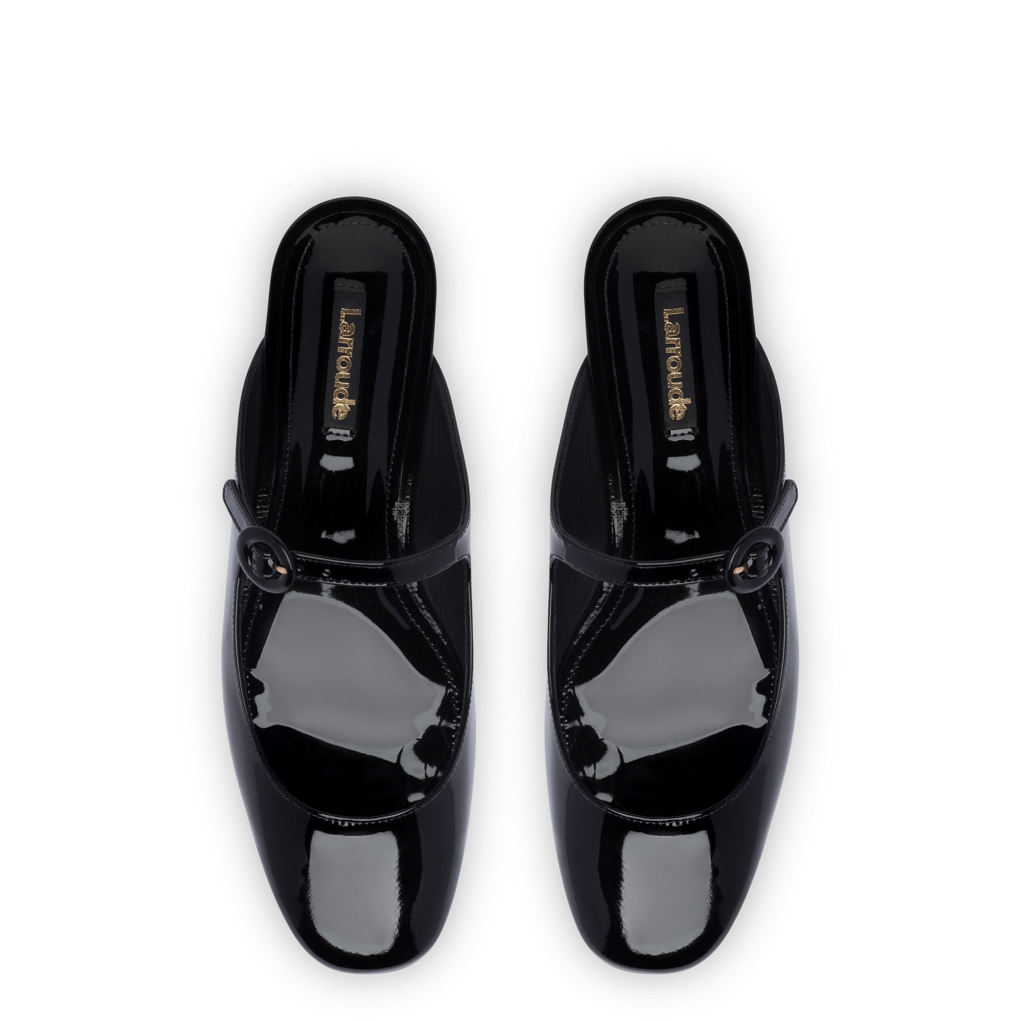 Blair Flat Mule In Black Patent Leather by Larroudé