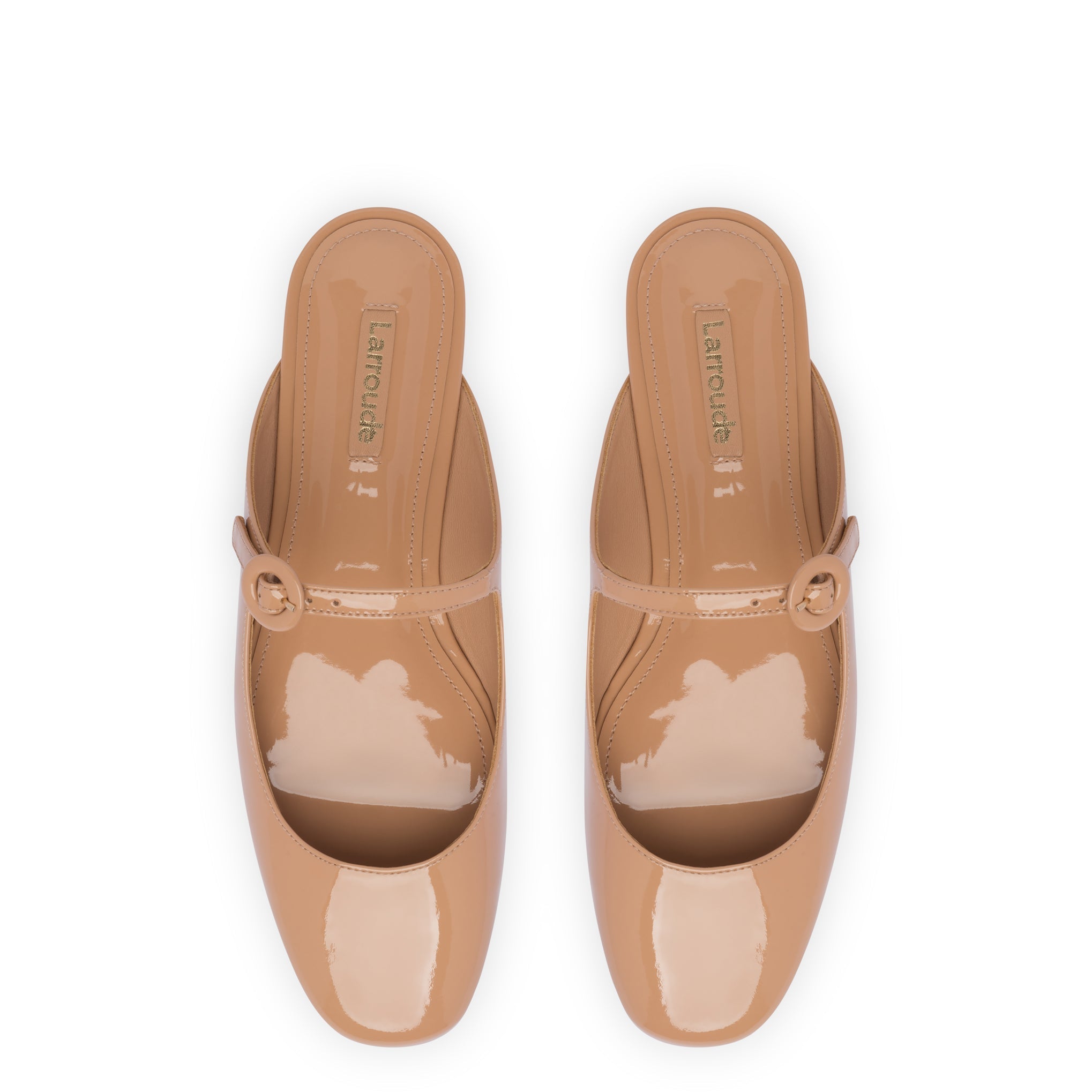 Blair Flat Mule In Tan Patent Leather by Larroudé