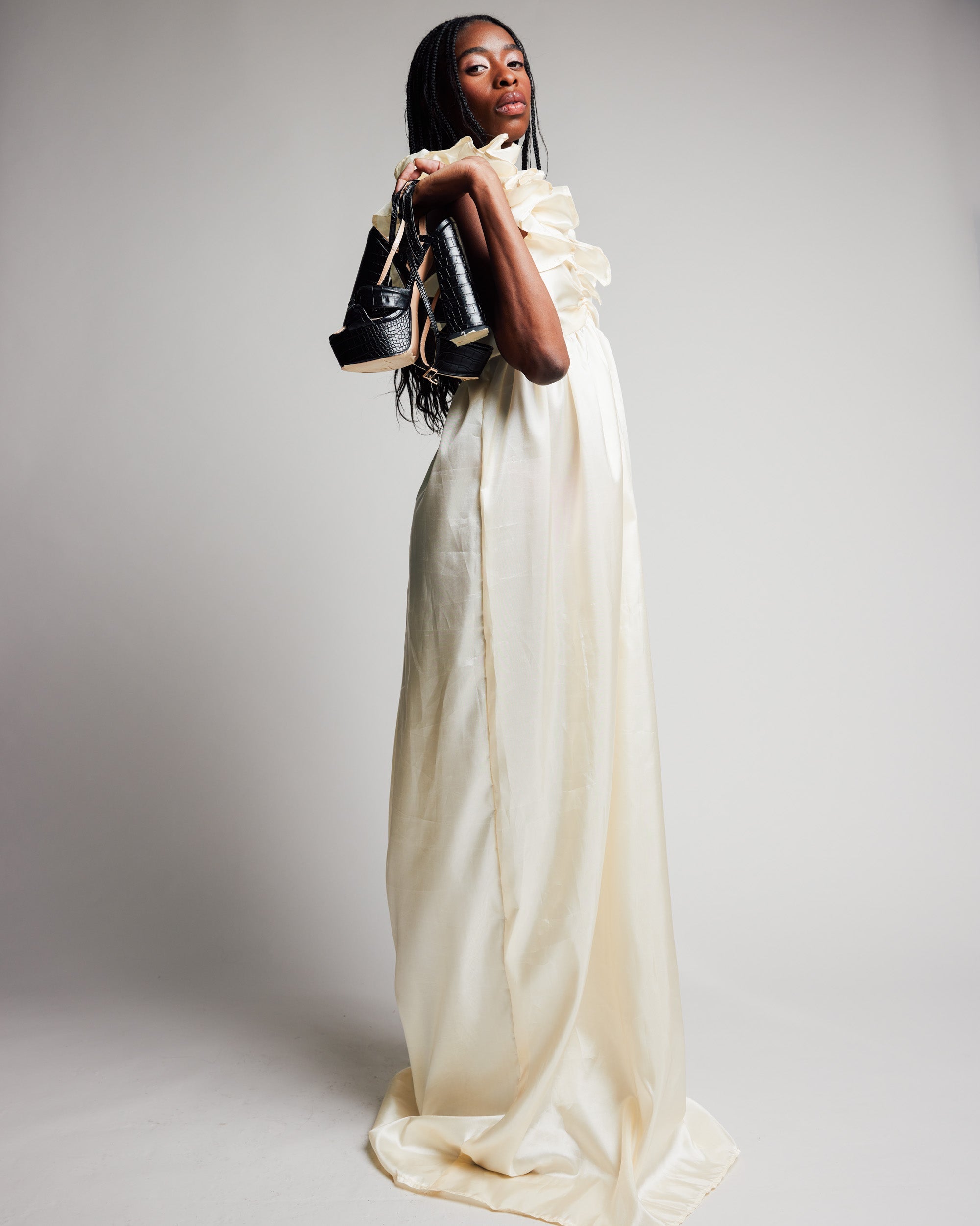 Cream Taffeta Gown with Juliette Sleeves by Madeline Marie