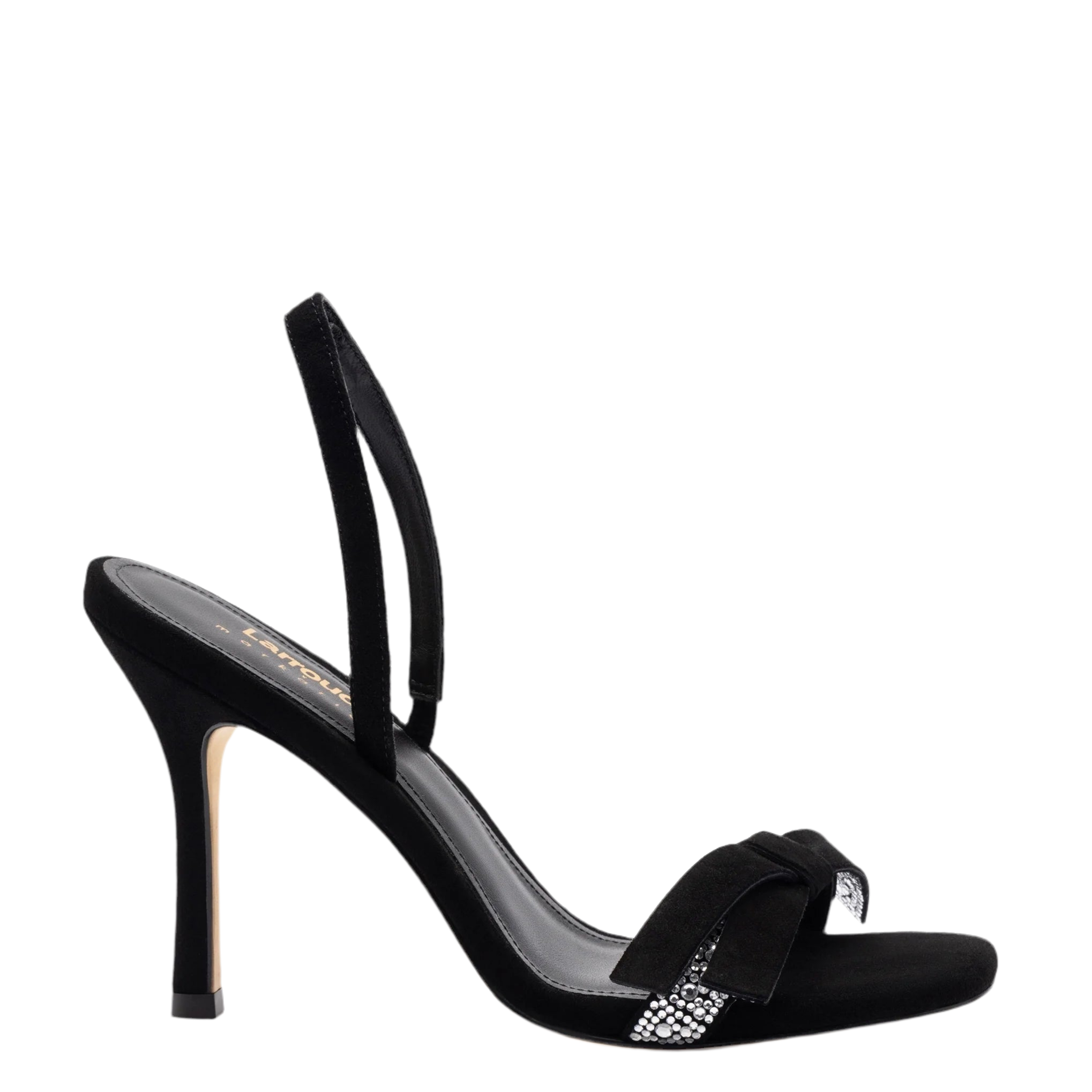 Larroudé x Markarian Sandal In Black Suede and Crystals by Larroudé