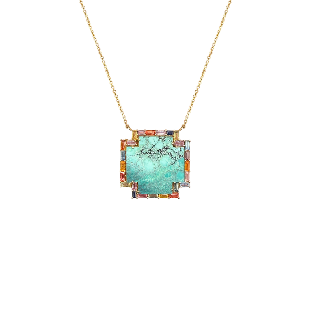 14k Rainbow Baguette Turquoise Necklace by S. Carter Designs