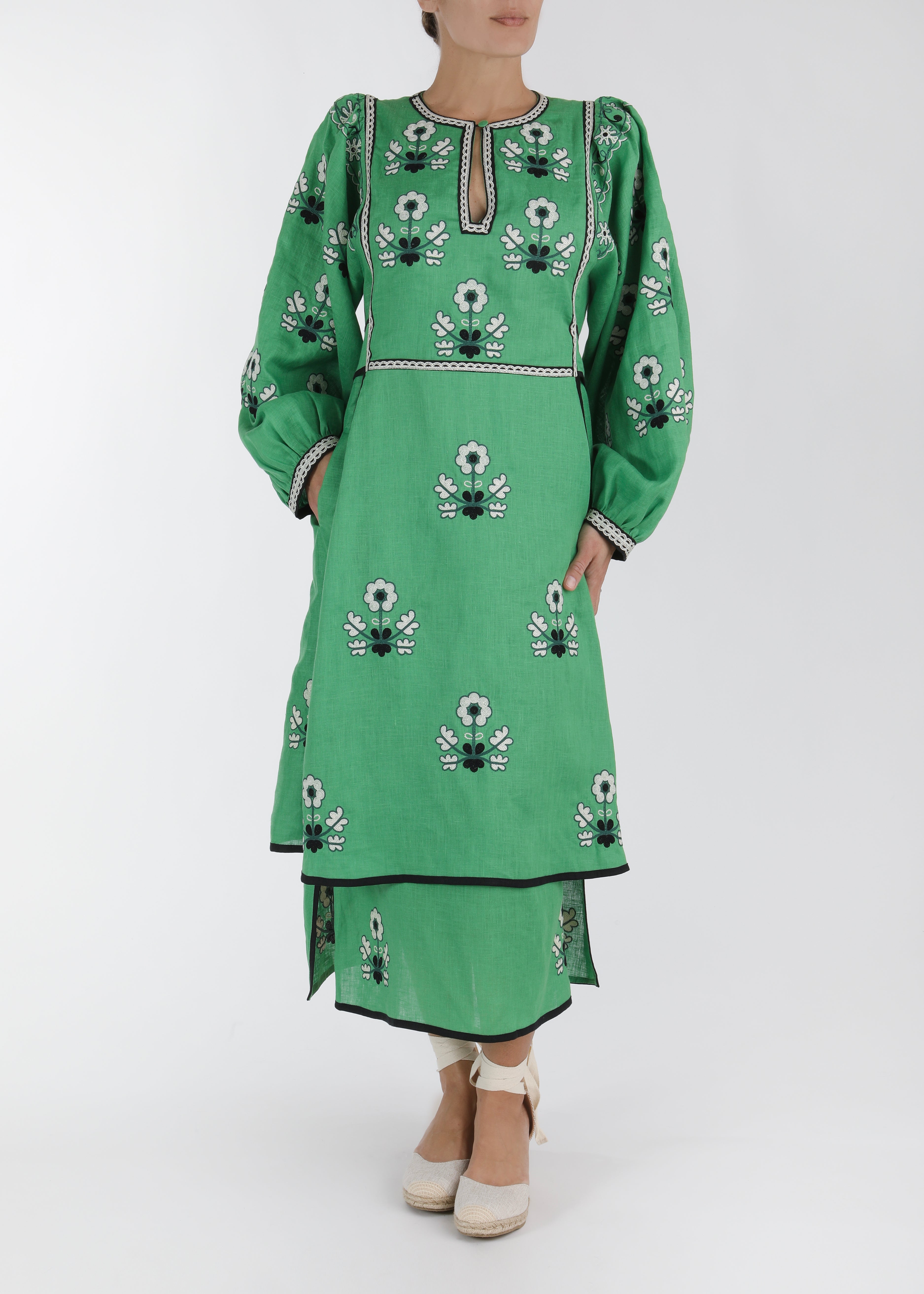 Iryna Embroidered Ukrainian Dress - Green, White by Larkin Lane
