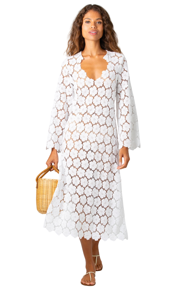 Arelis Cosmos Flower Lace Caftan - Pure White by Miguelina