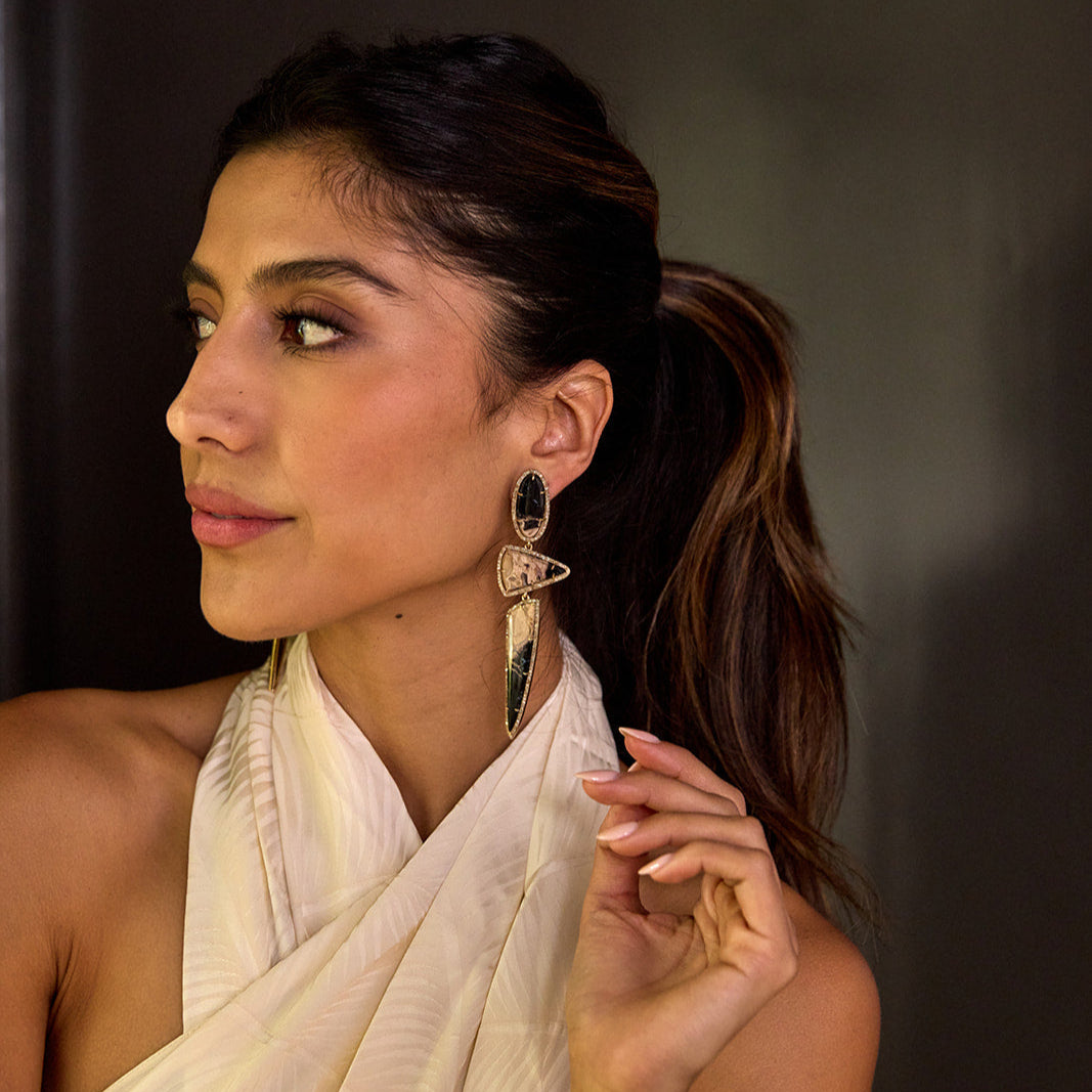 14k Petrified Palm Wood Triple Drop Earrings by S. Carter Designs