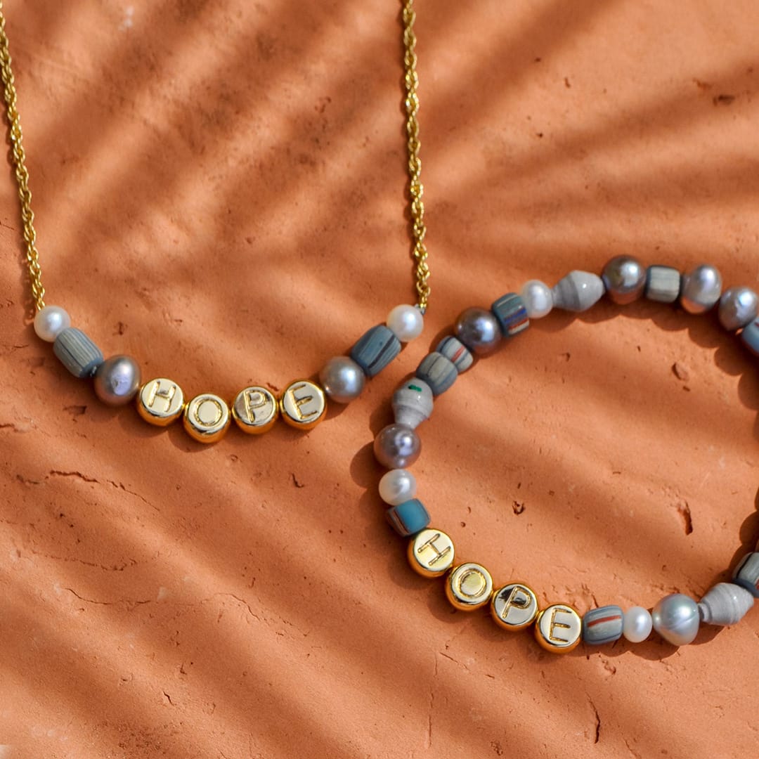 HOPE Inspirational Dainty Beaded Necklace with Gray Pearl & Glass by Akola