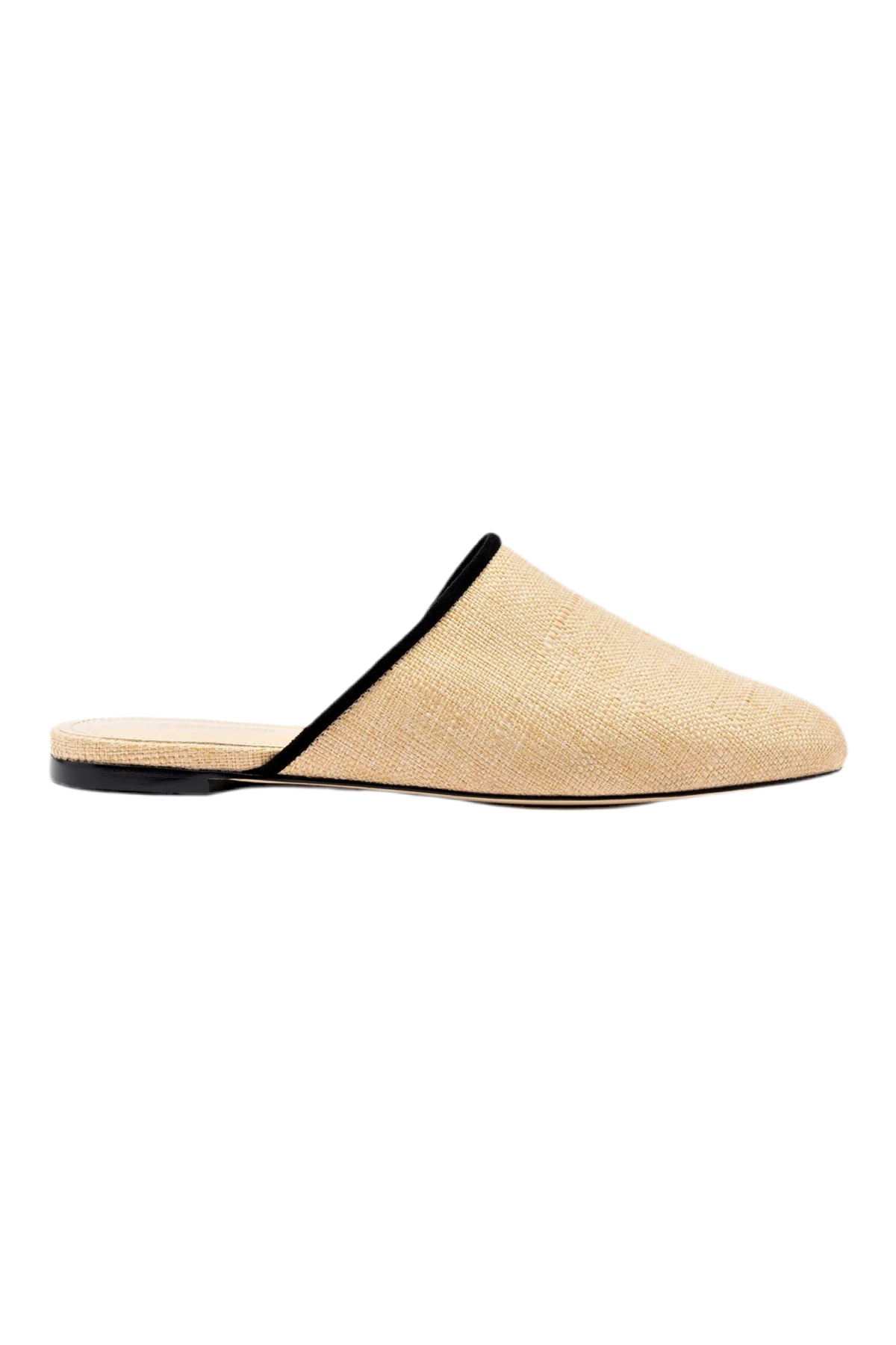 Venice Flat Mule In Beige Raffia and Black Trimming by Larroude