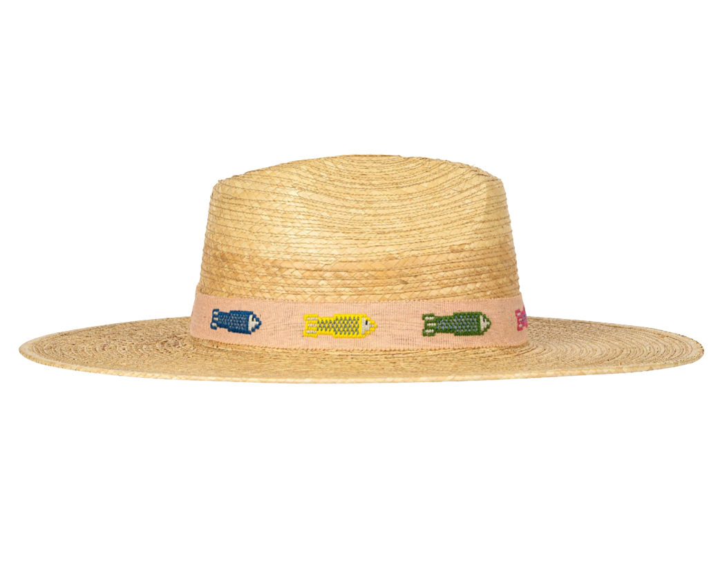 Straw hat with colorful band on a white background