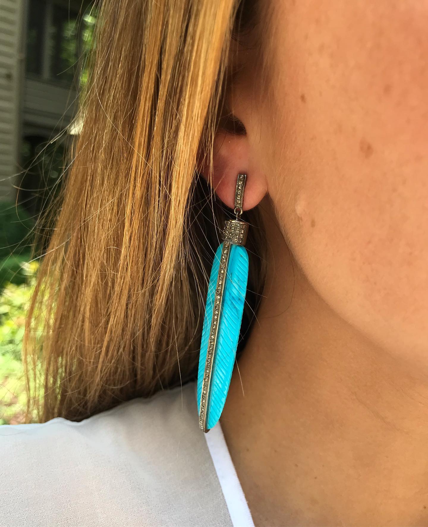 Carved Turquoise Feather Earrings by S. Carter Designs