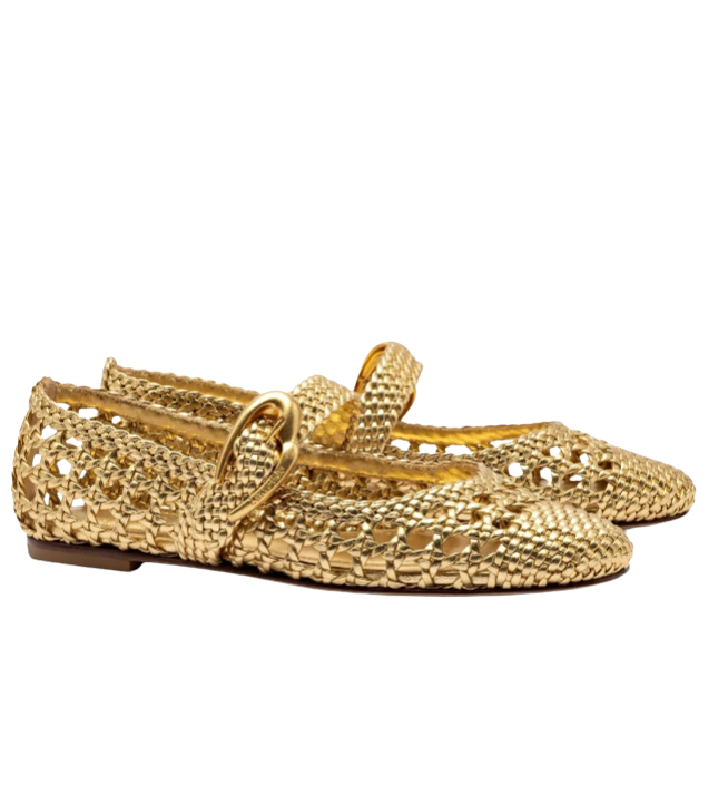 Verona Macrame Ballet Flat In Gold Metallic Leather by Larroude
