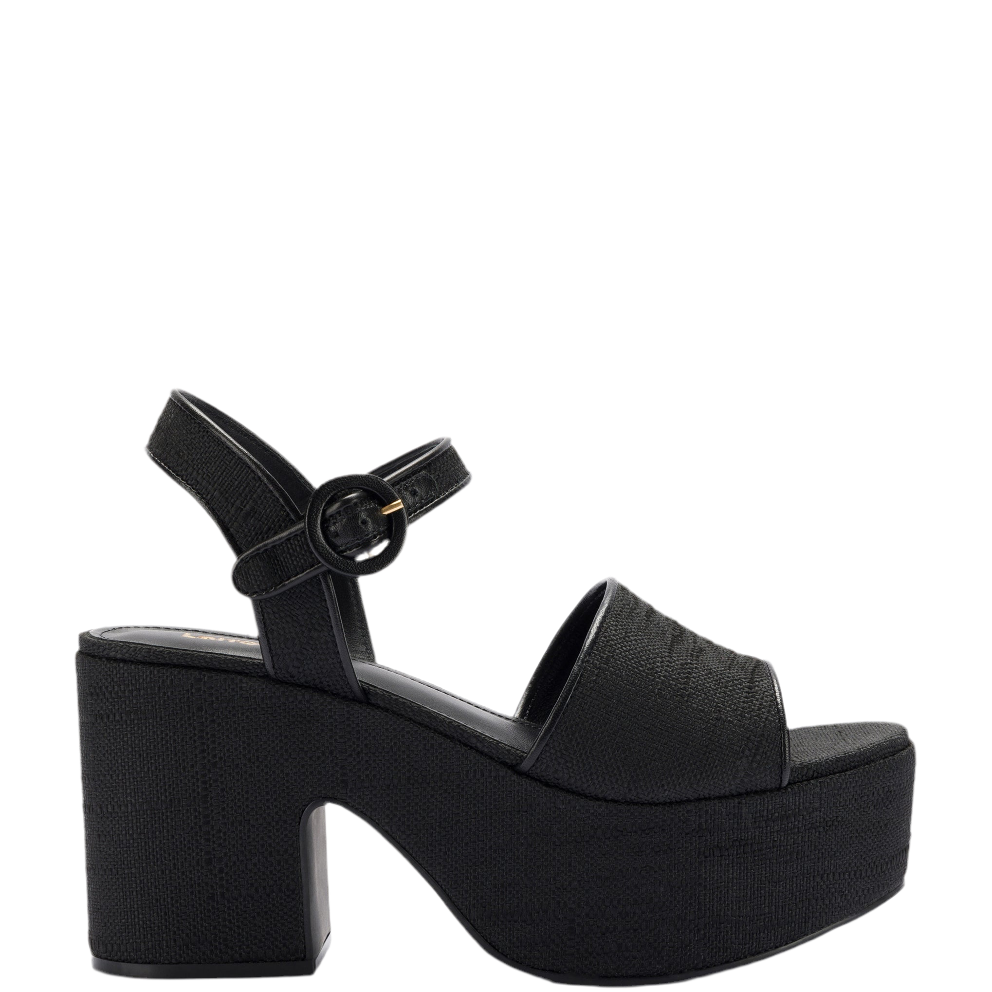 Miso Platform Strap Sandal In Black Raffia by Larroudé