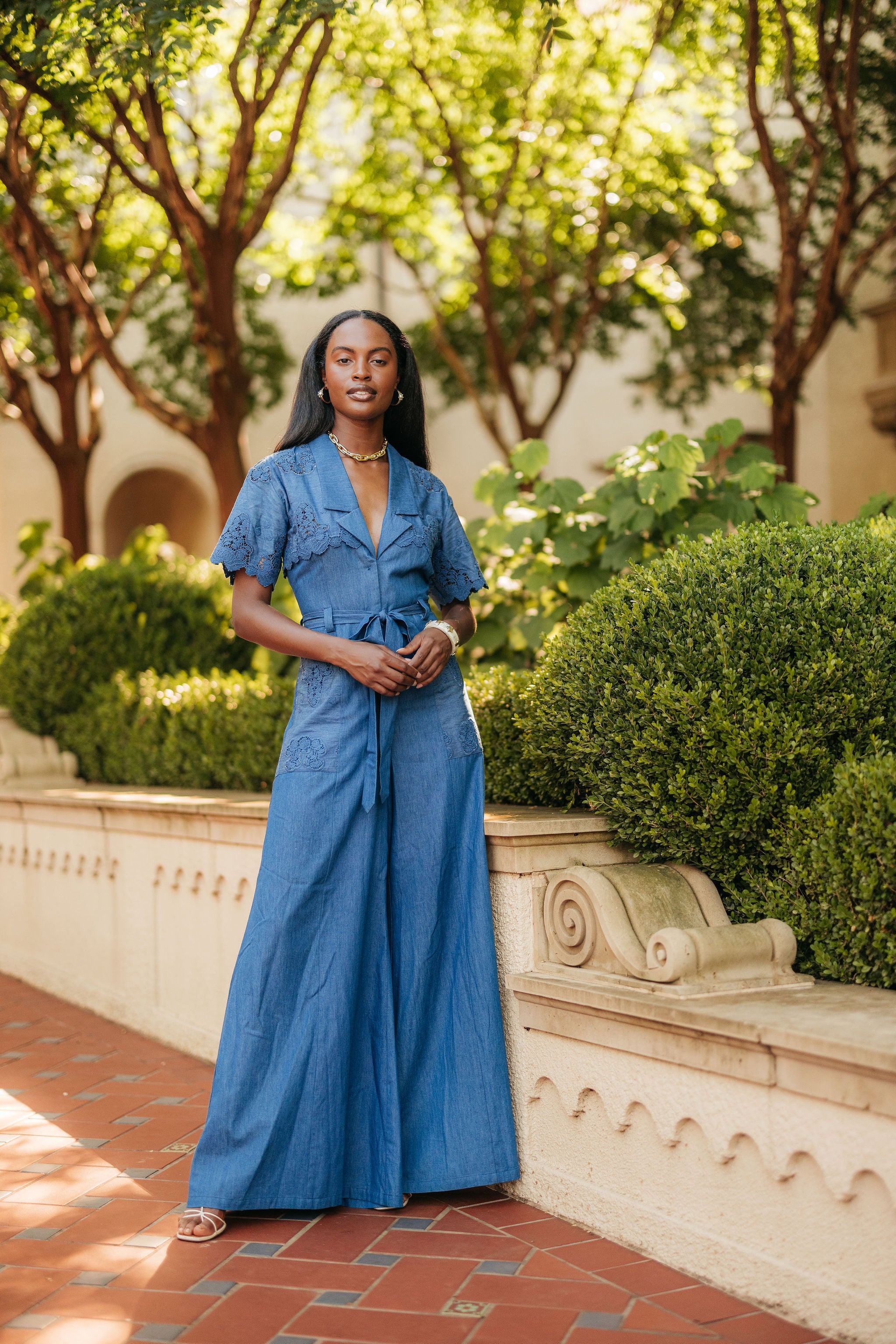 Tinsley Embroidered Jumpsuit in Indigo Denim by Miguelina