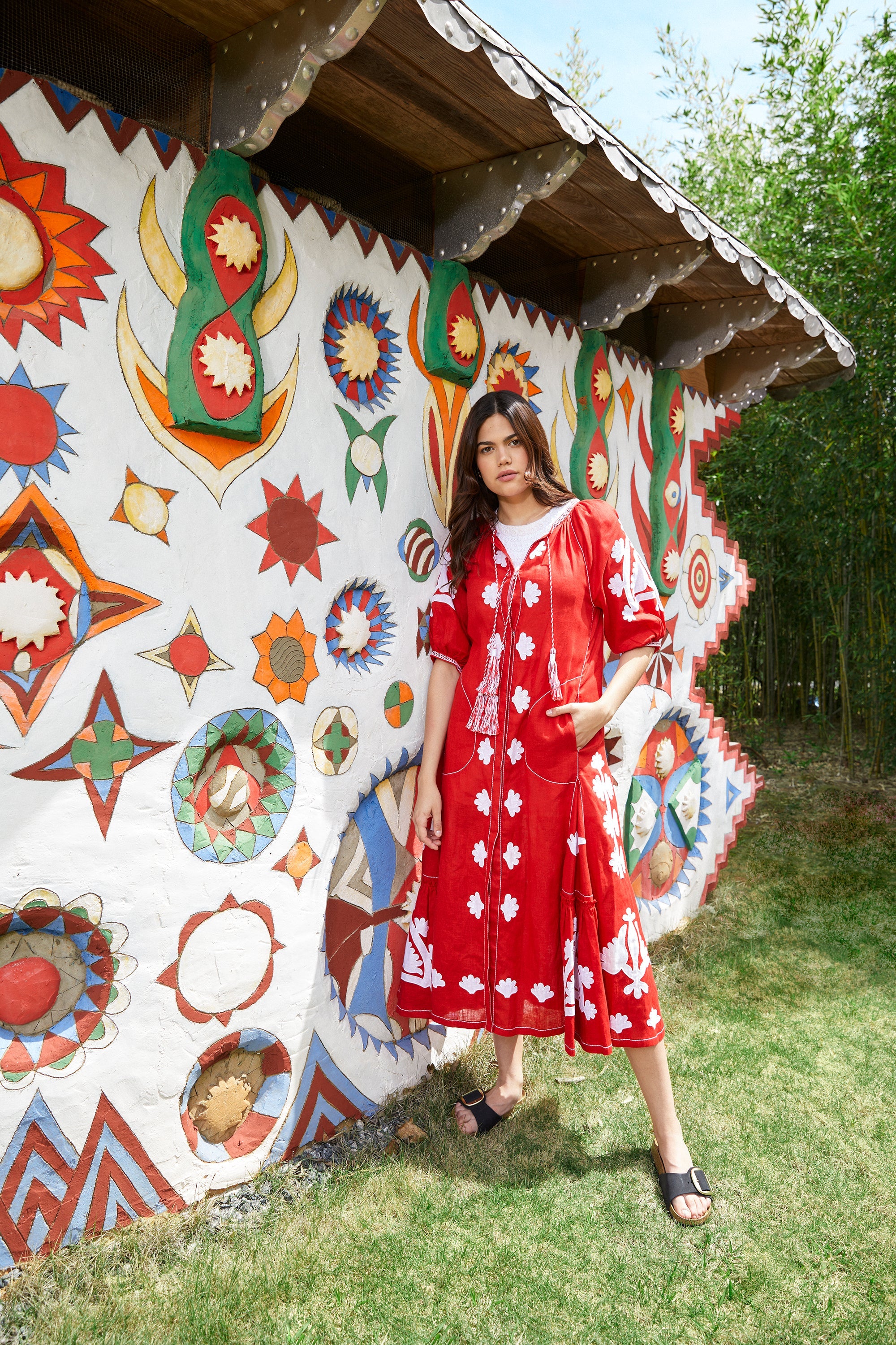 Matisse Embroidered Ukrainian Dress / Caftan  - Red, White by Larkin Lane