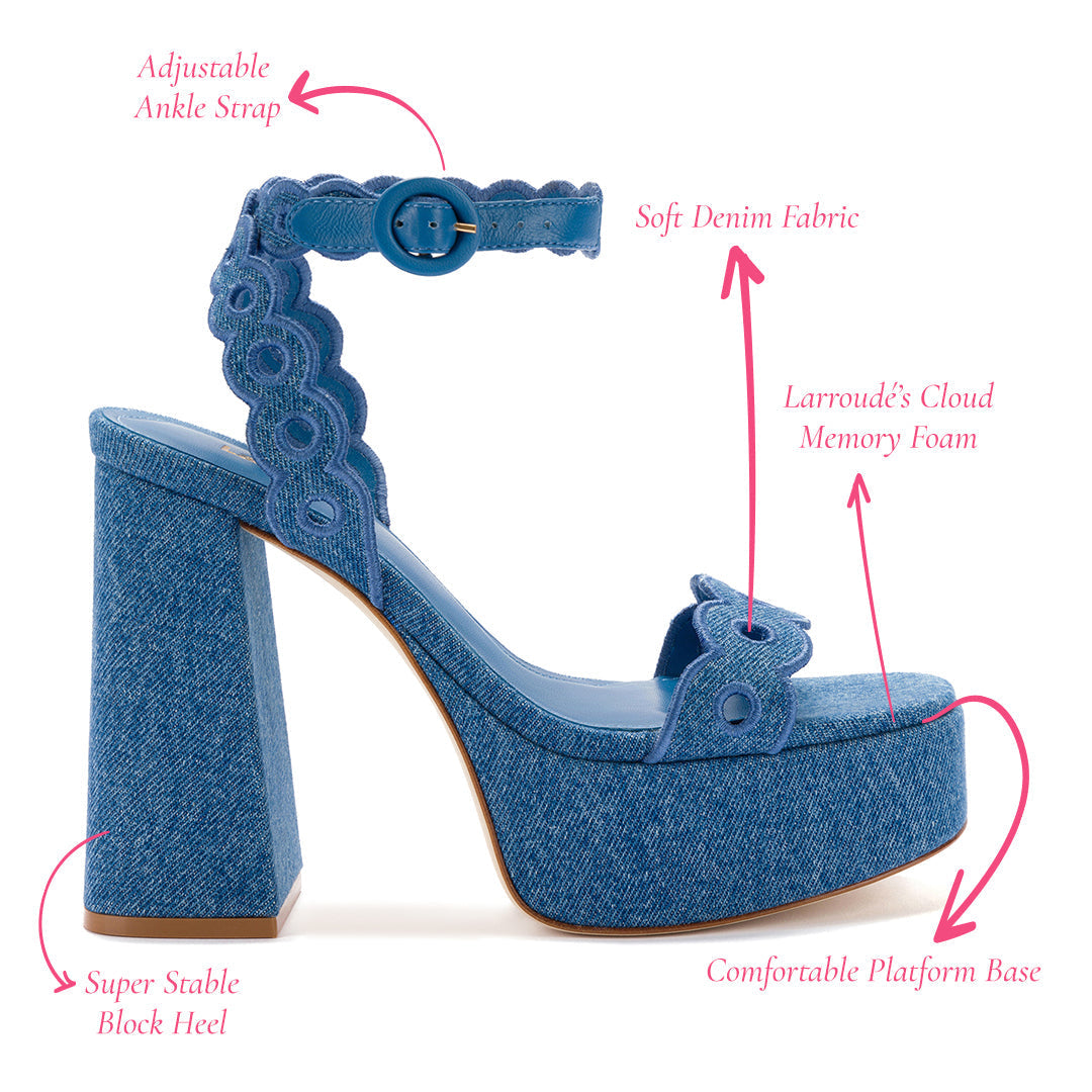 Dolly Broderie Sandal In Blue Stoned Denim by Larroudé