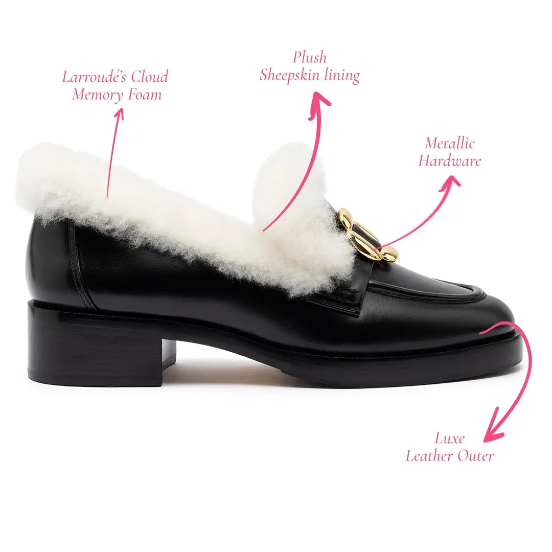 Bobbie Loafer In Black Leather and Natural Shearling by Larroudé