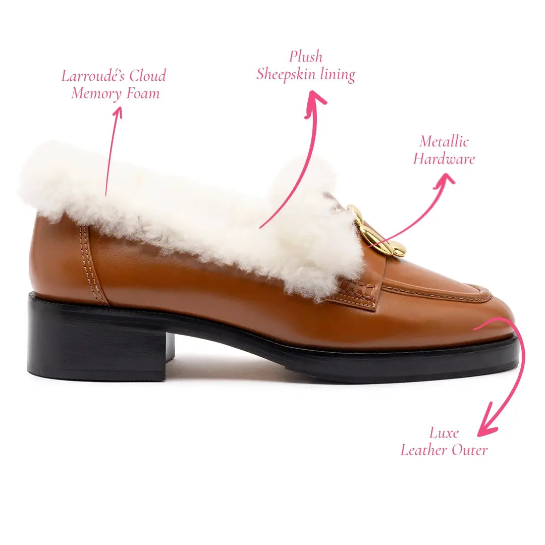 Bobbie Loafer In Caramel Leather and Natural Shearling by Larroudé