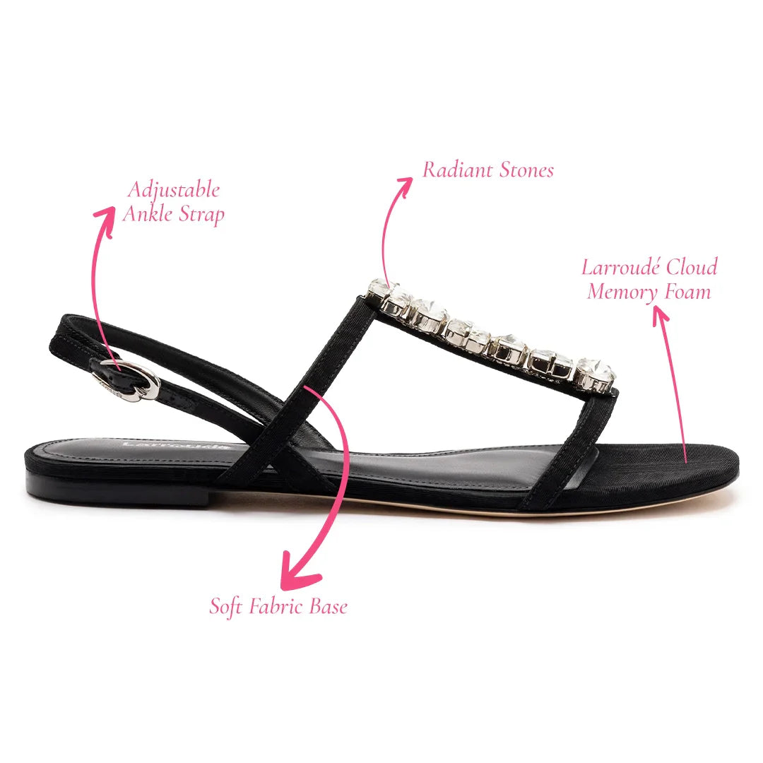 Calypso Flat Sandal In Black Fabric and Crystals by Larroudé