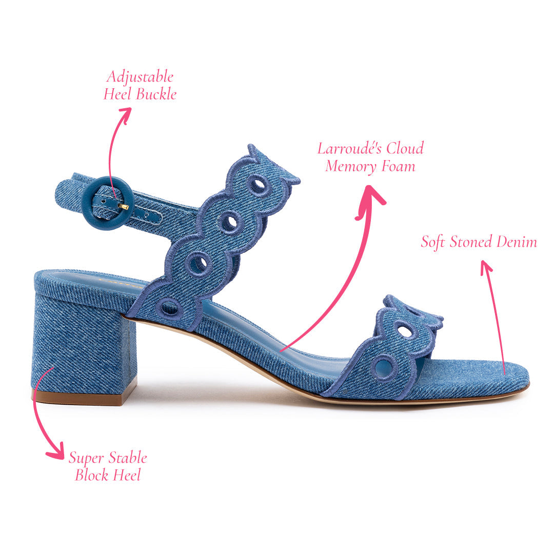 Florence Broderie Sandal In Blue Denim by Larroudé