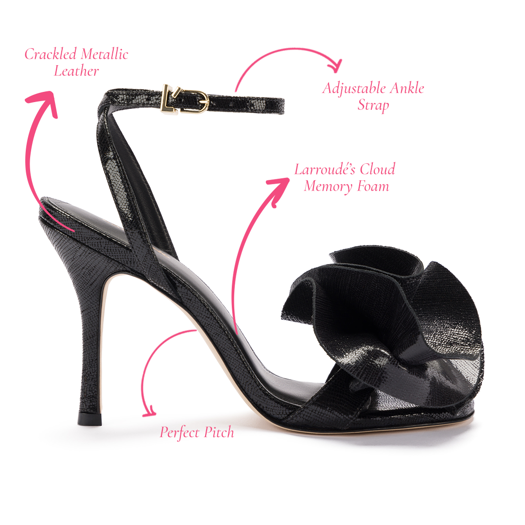 Penelope Sandal In Black Cracked Metallic Leather by Larroudé