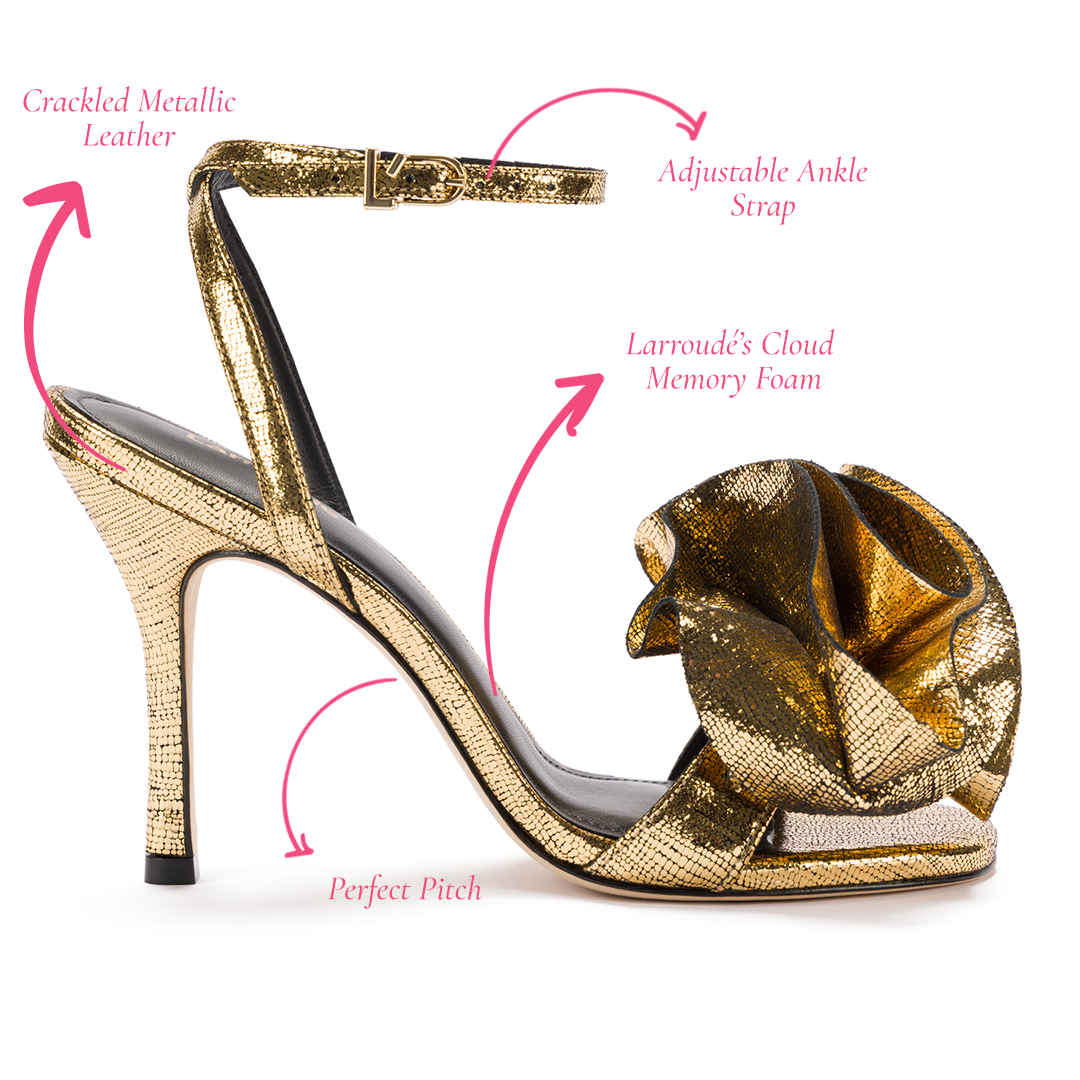 Penelope Sandal In Gold Cracked Metallic Leather by Larroudé