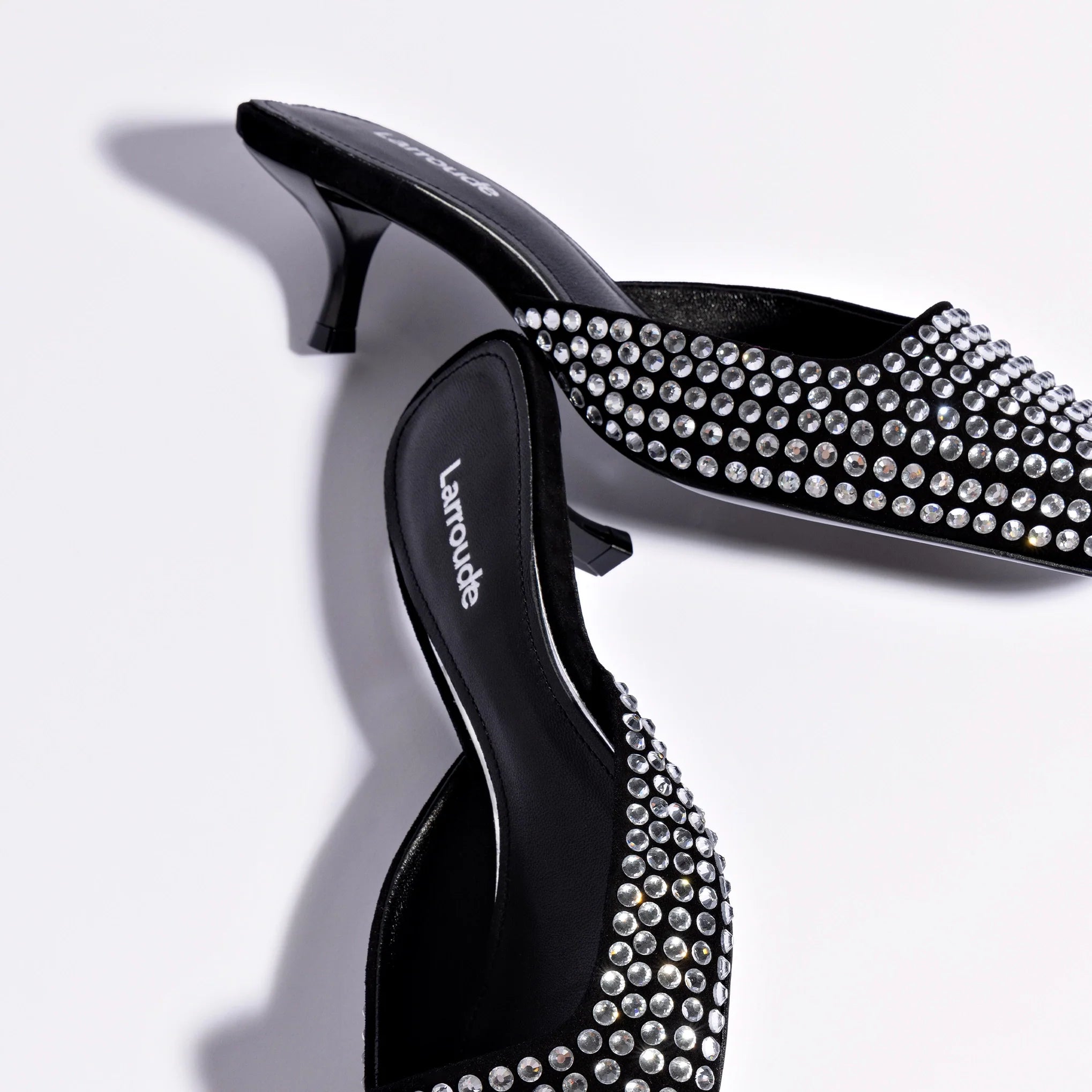 Amal Crystal Mule In Black Suede by Larroudé