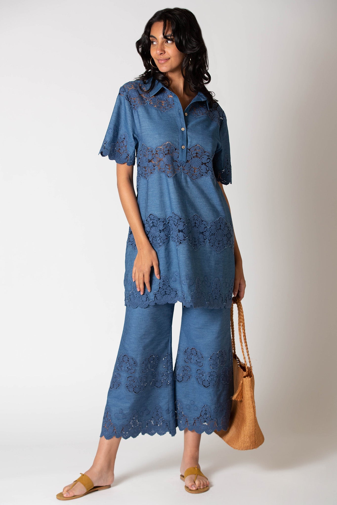 Alegra Embroidered Flare Pants in Indigo Denim by Miguelina