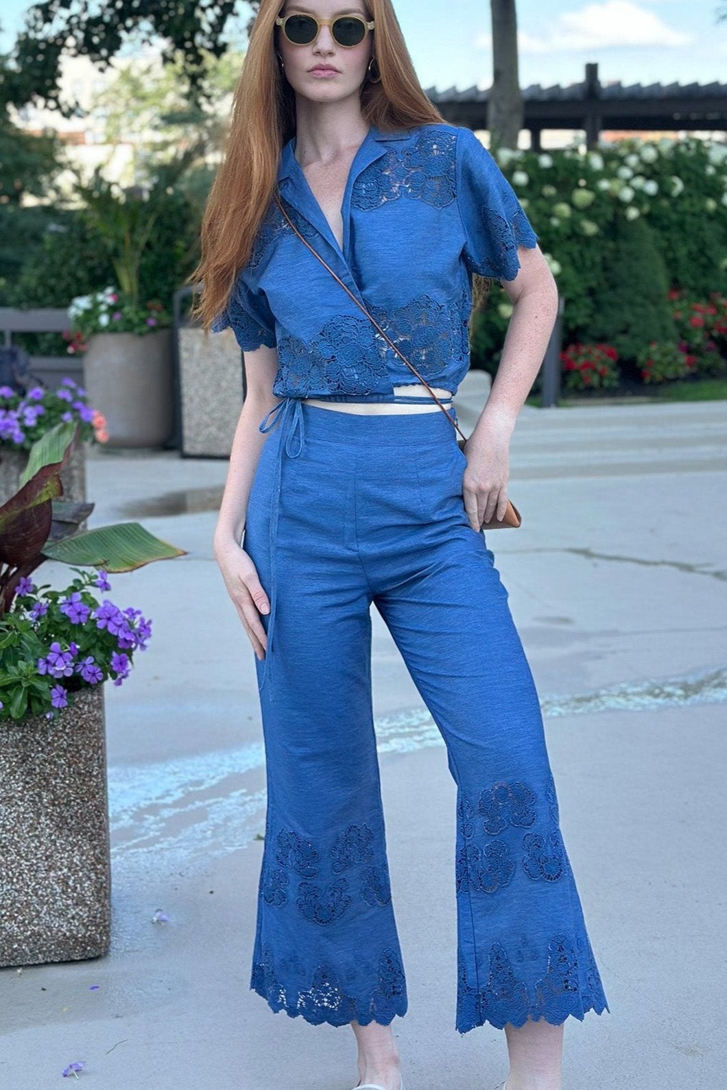 Alegra Embroidered Flare Pants in Indigo Denim by Miguelina