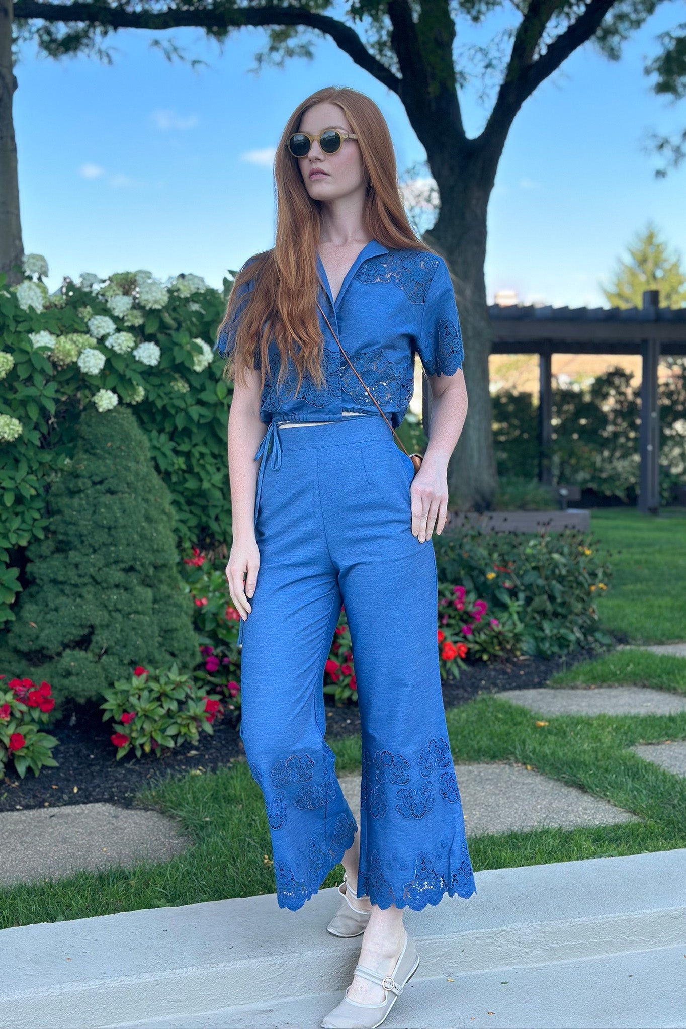 Alegra Embroidered Flare Pants in Indigo Denim by Miguelina