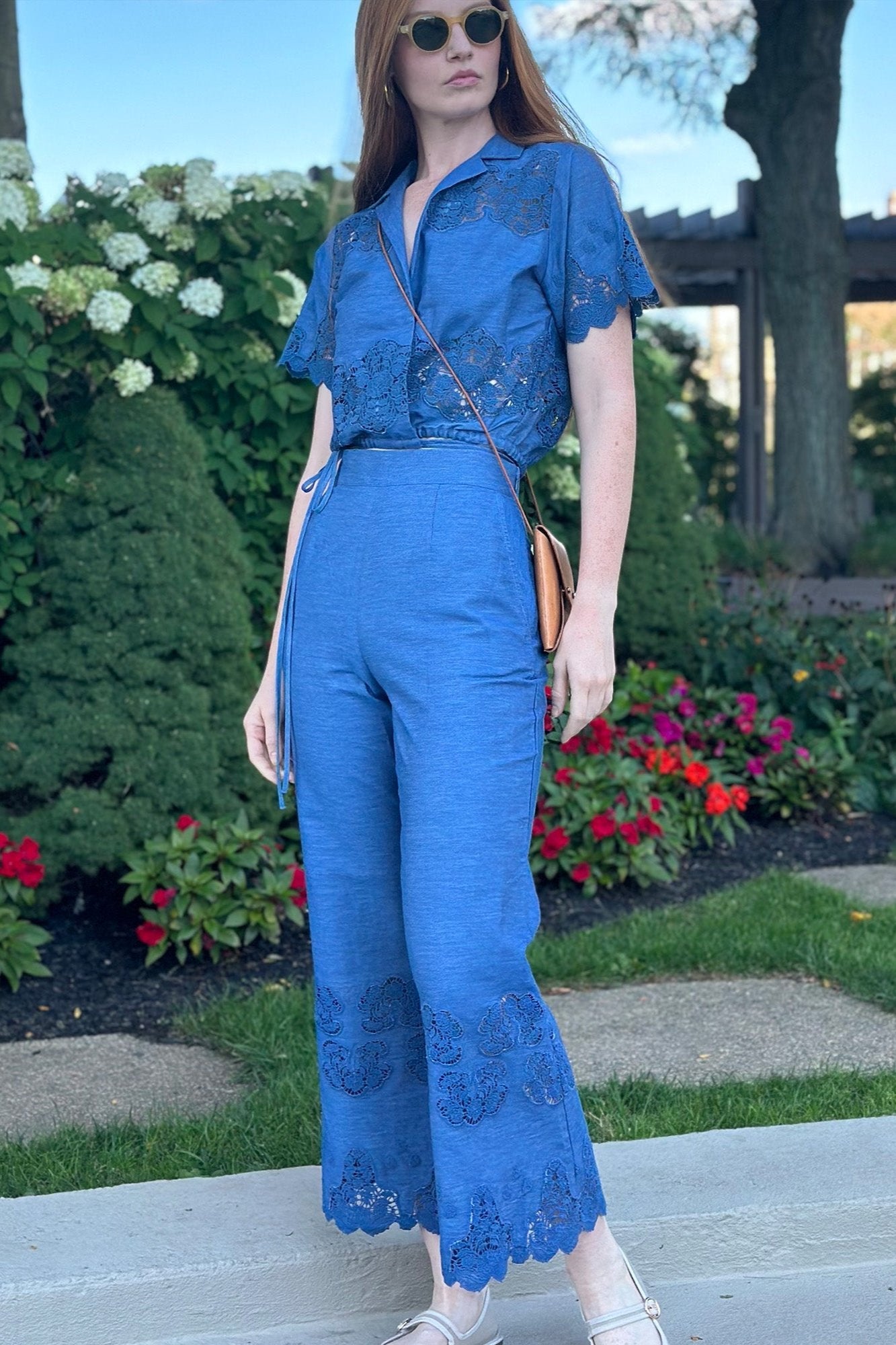 Alegra Embroidered Flare Pants in Indigo Denim by Miguelina