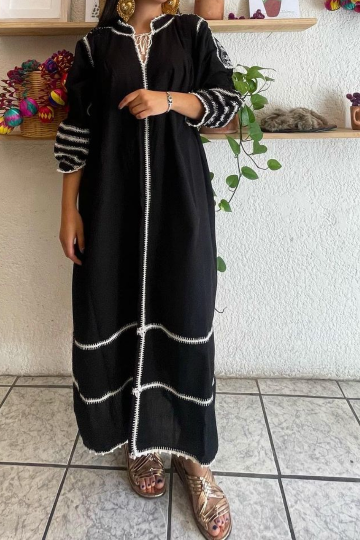Amorcita Mexican Dress - Long Sleeve - Ivory, Black by Larkin Lane