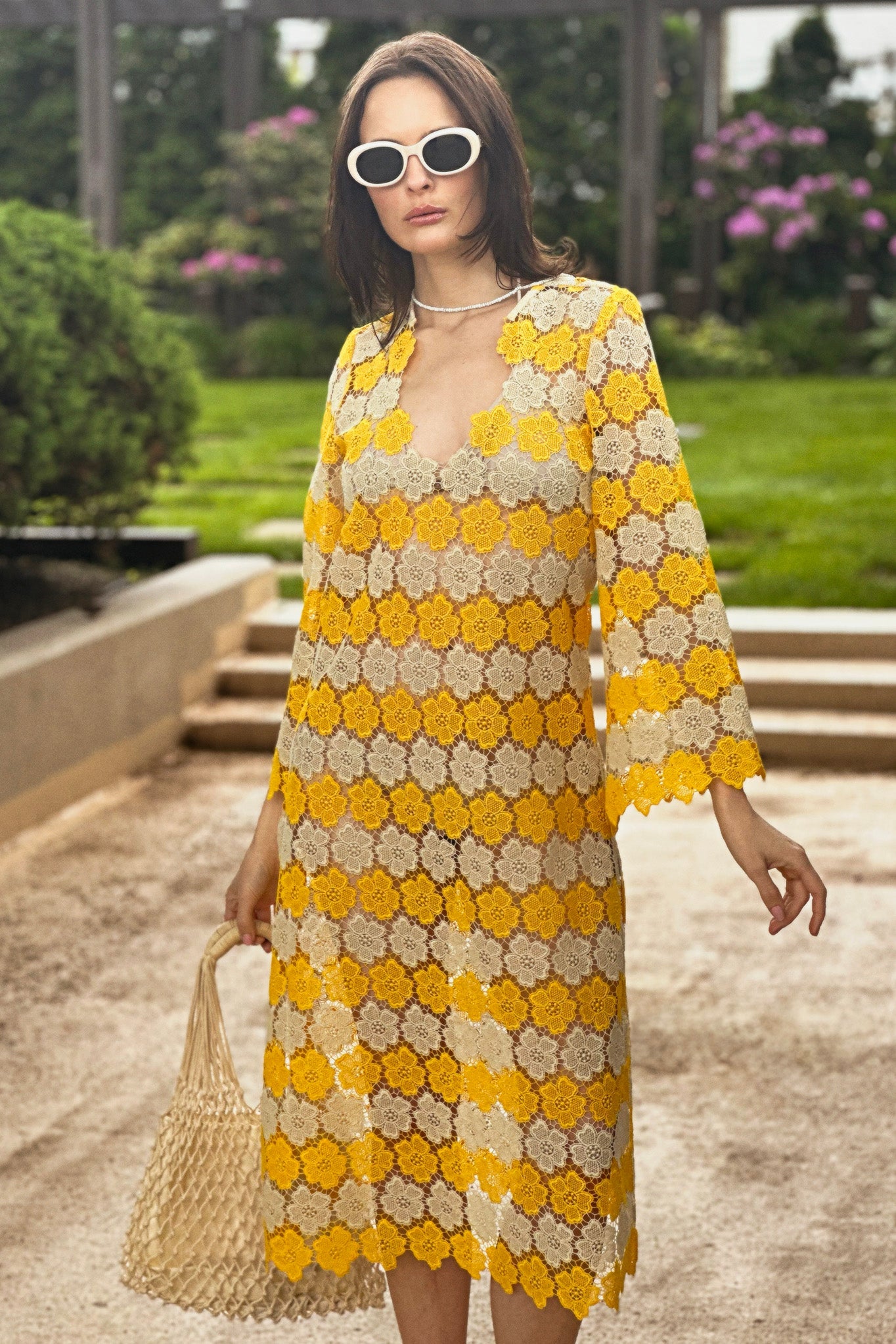 Arelis Two-Tone Cosmos Flower Lace Caftan - Mango by Miguelina
