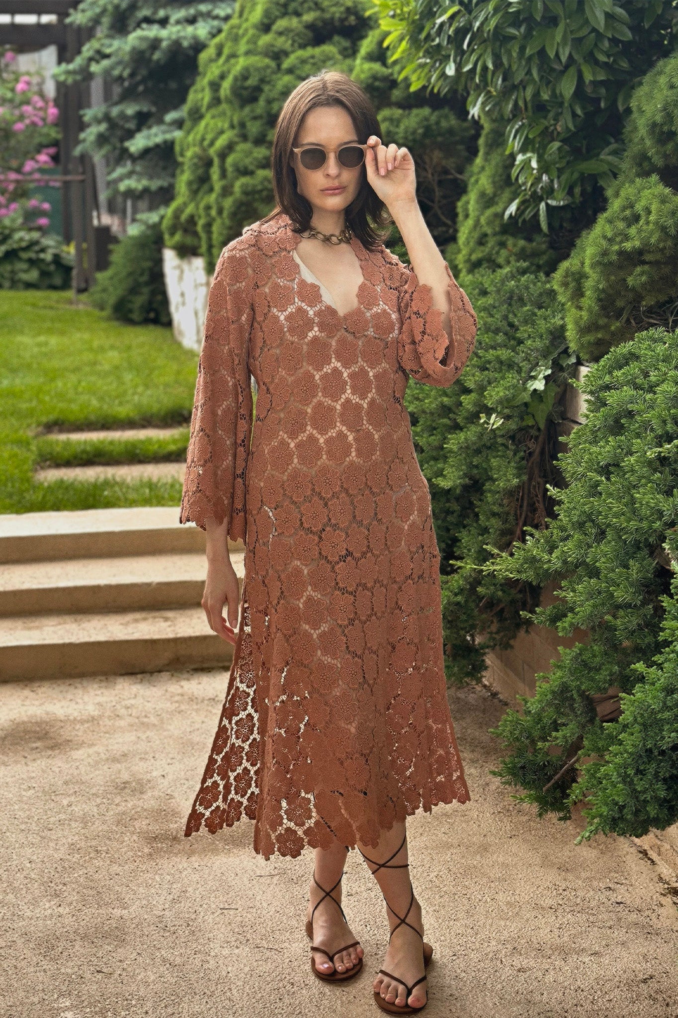 Arelis Cosmos Flower Lace Caftan - Mocha by Miguelina
