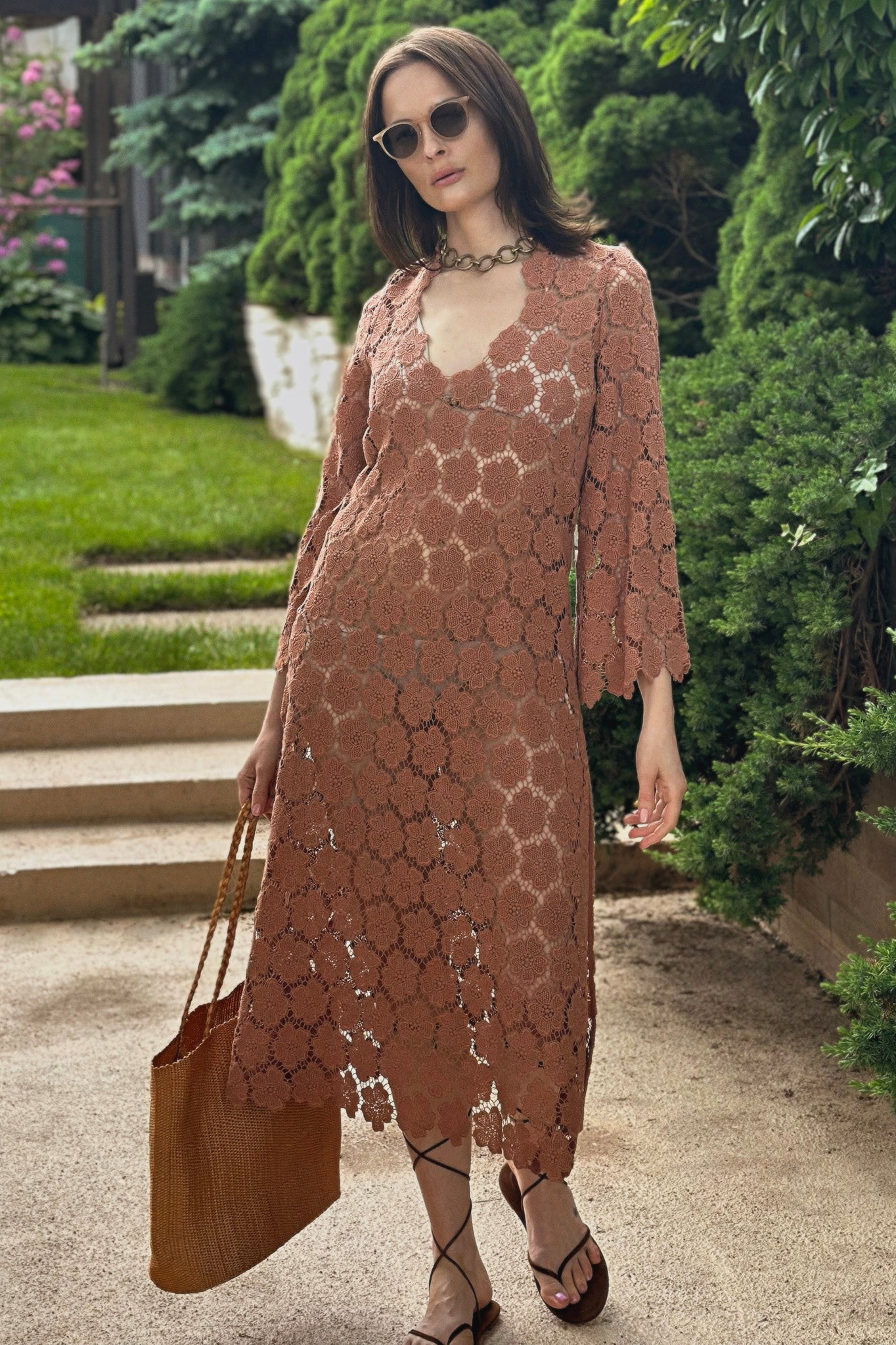 Arelis Cosmos Flower Lace Caftan - Mocha by Miguelina
