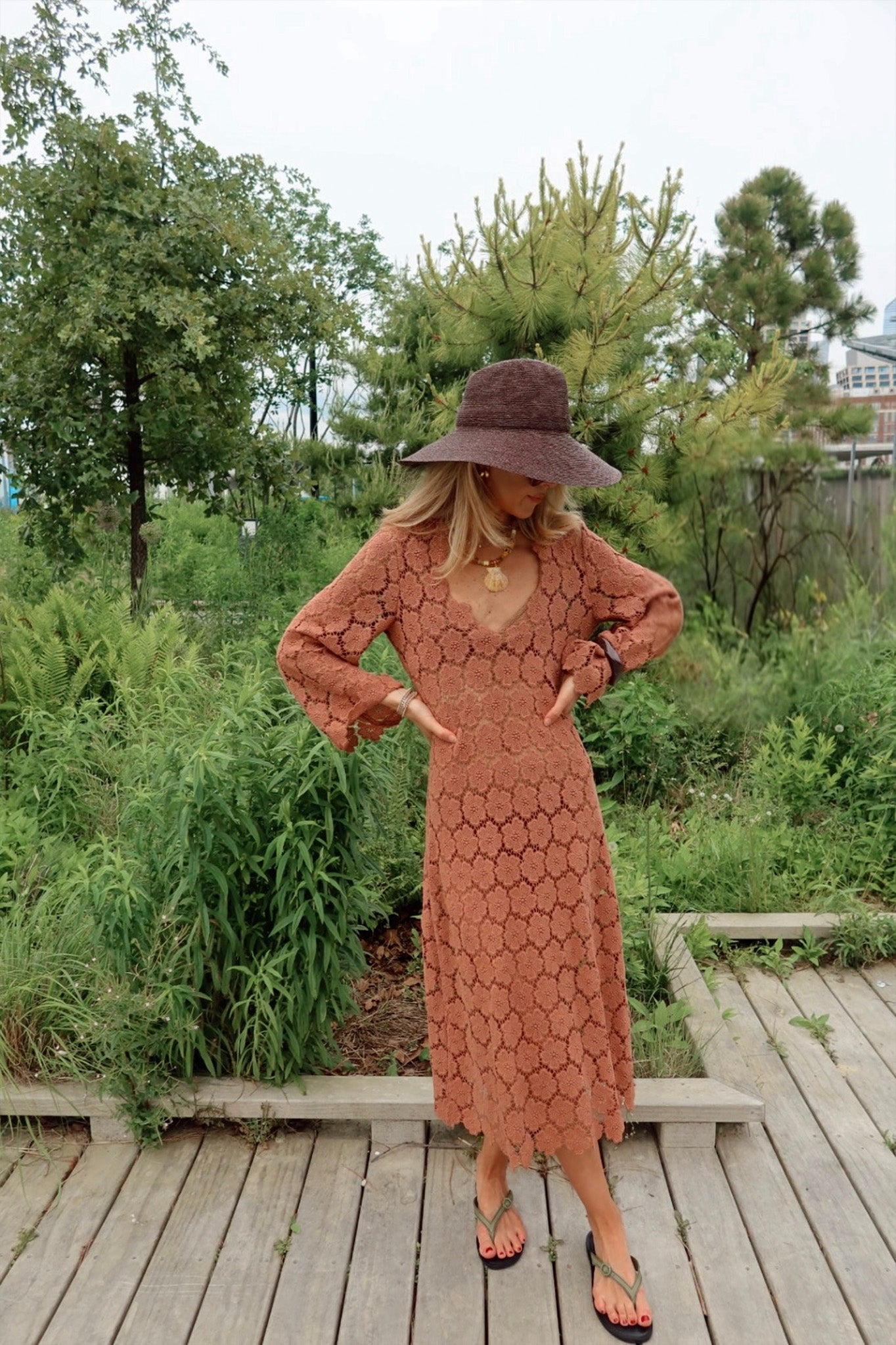 Arelis Cosmos Flower Lace Caftan - Mocha by Miguelina