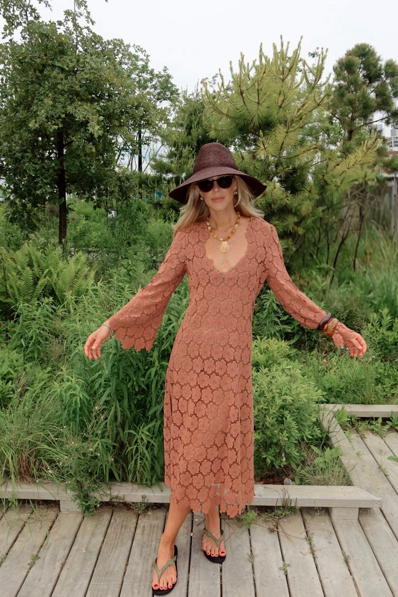 Arelis Cosmos Flower Lace Caftan - Mocha by Miguelina