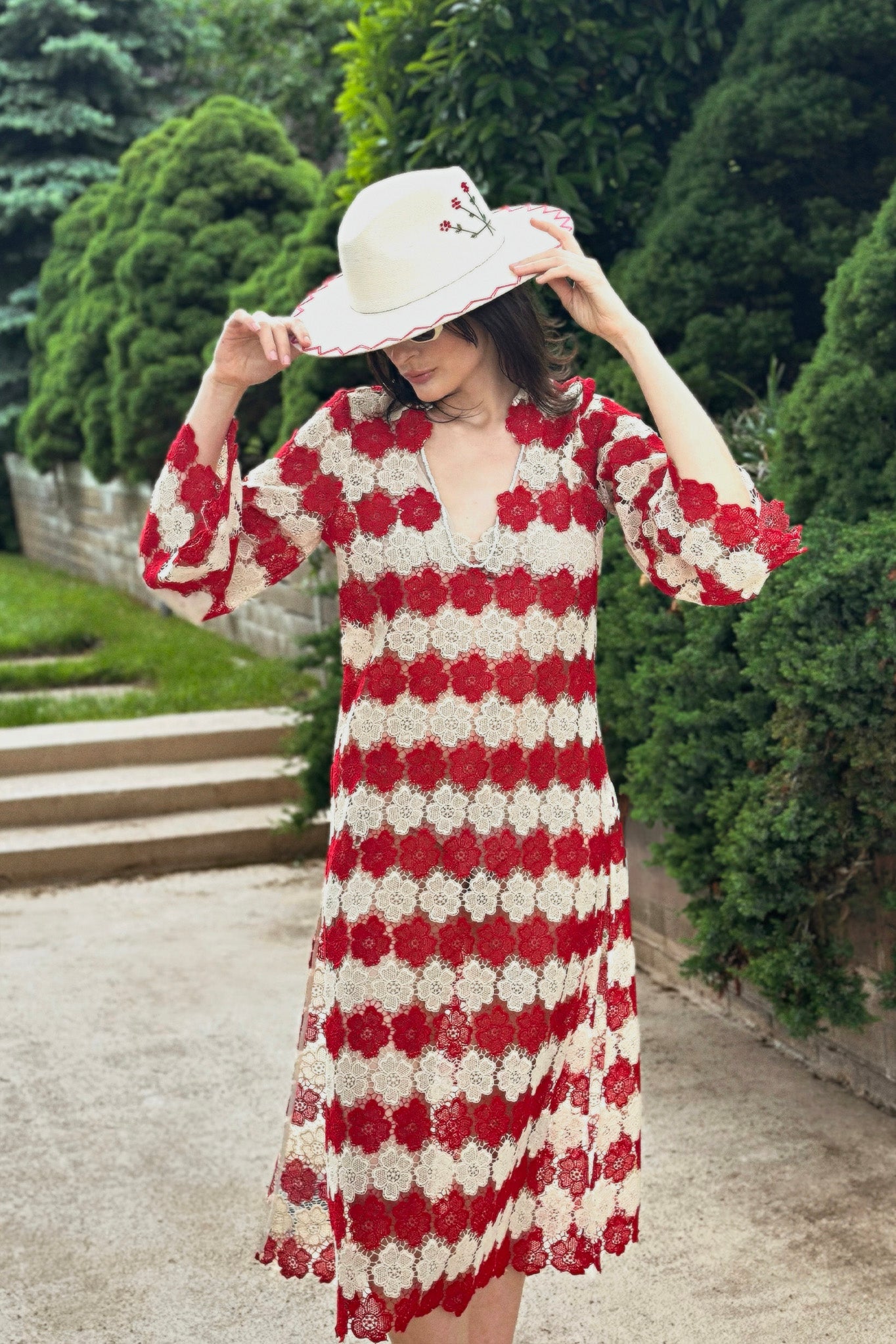 Arelis Two-Tone Cosmos Flower Lace Caftan - Paprika by Miguelina