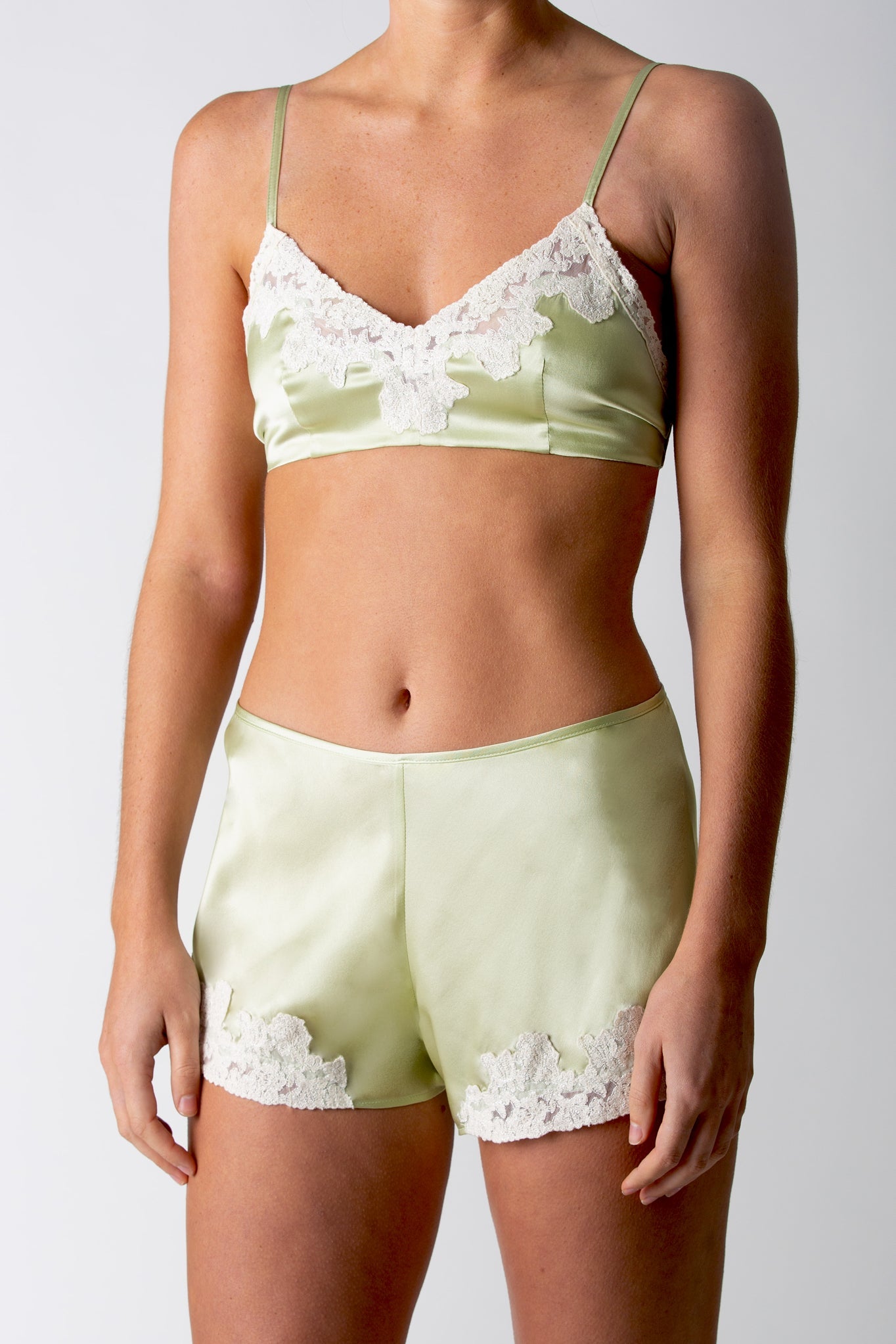 Nova Scalloped Lace Silk Shorts - Green by Miguelina