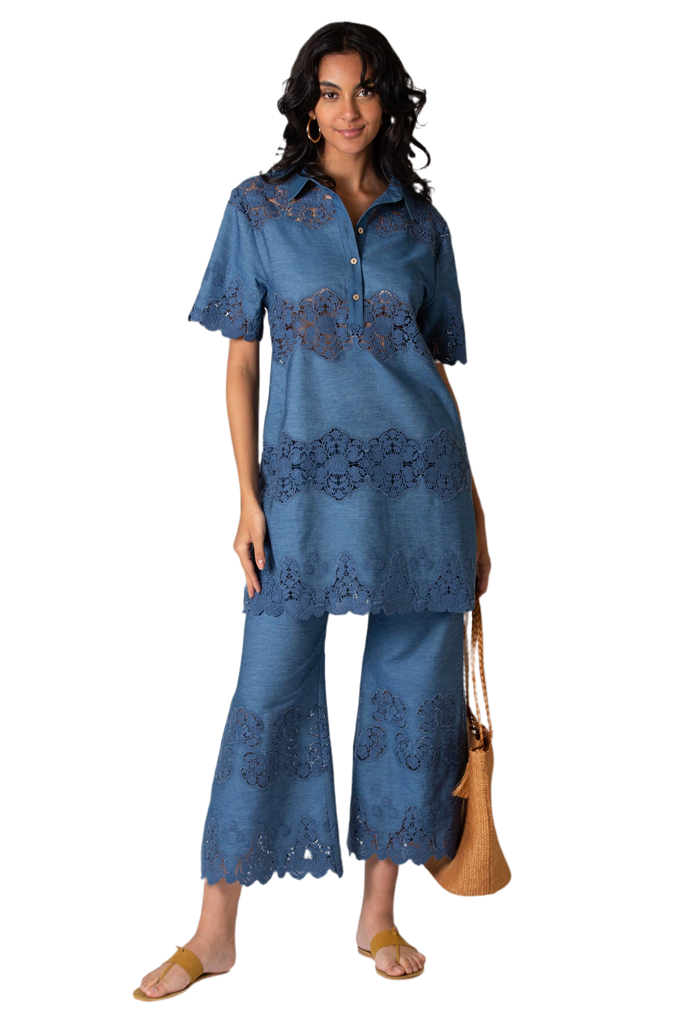 Elle Embroidered Tunic Dress in Indigo Denim by Miguelina