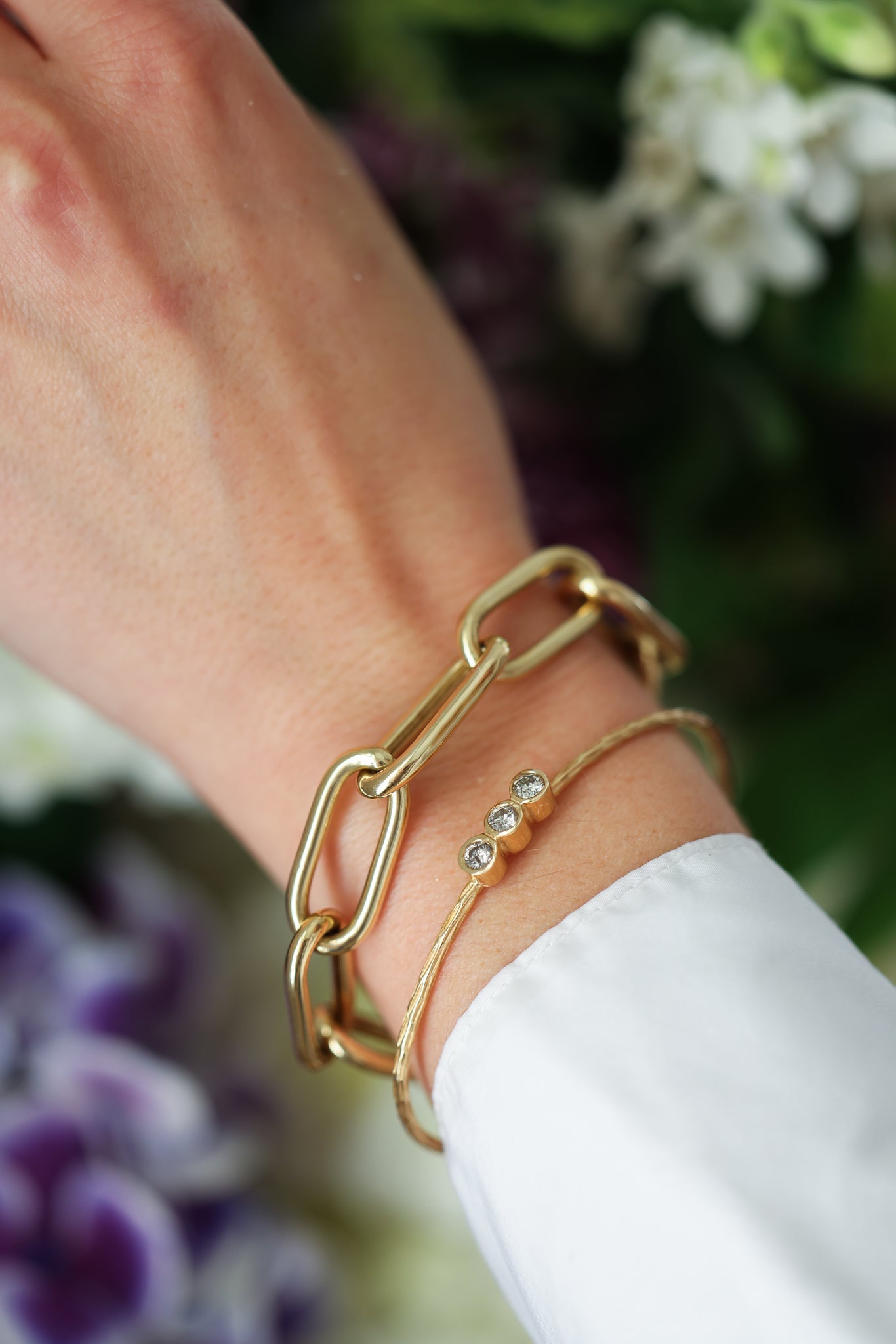 14k 3 Diamond Hammered Bezel Bracelet by S. Carter Designs