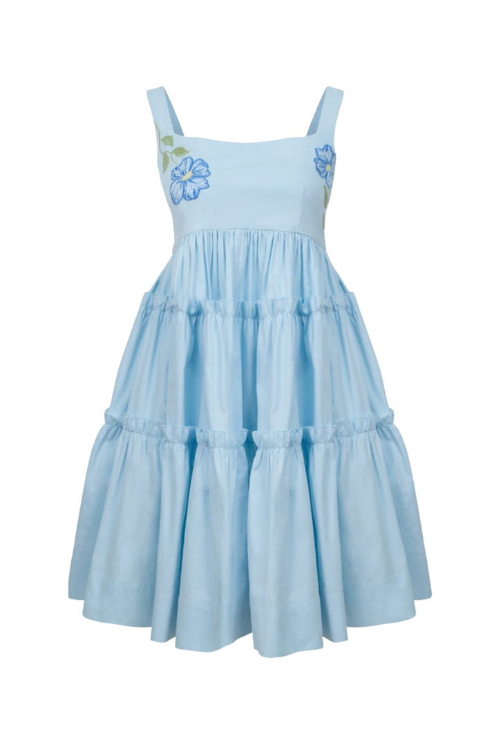 Light blue dress with floral embroidery on a white background